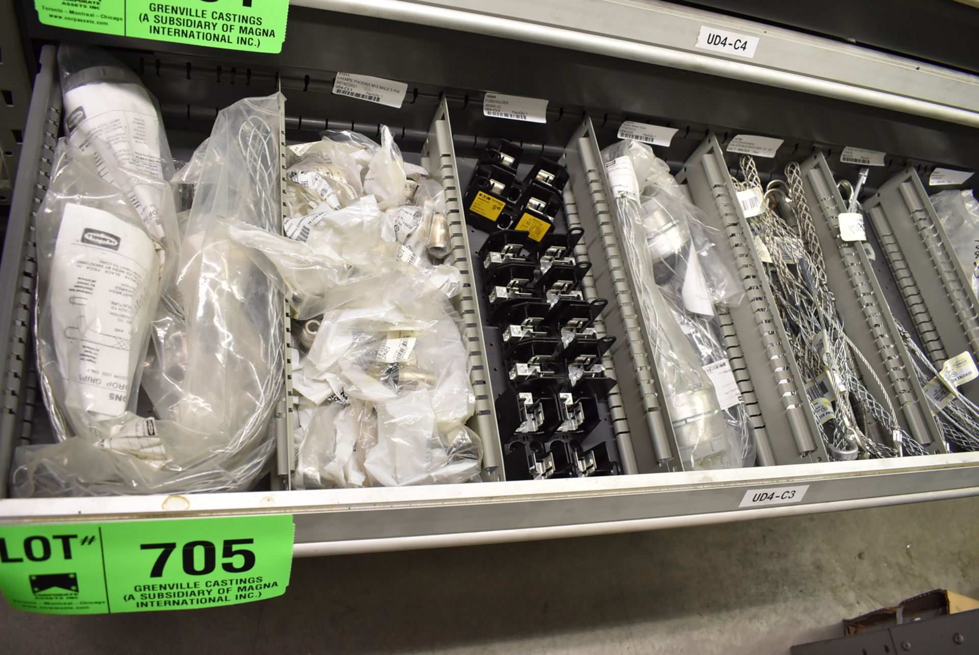 LOT/ CONTENTS OF DRAWER INCLUDING FUSE HOLDERS, CABLE NETTING, SPARE PARTS & MROs
