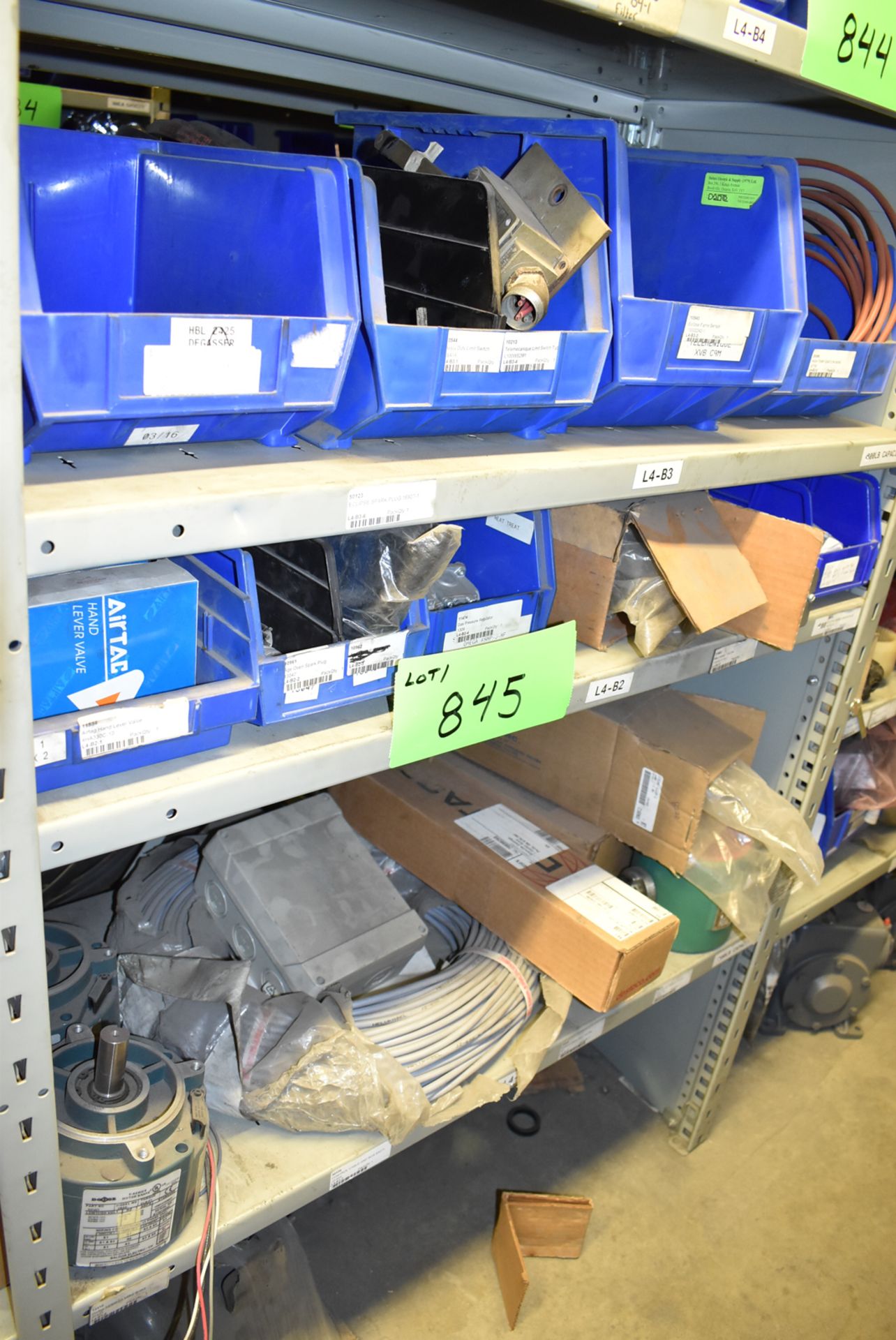 LOT/ CONTENTS OF SHELVES INCLUDING SPARK PLUGS, MOTOR BRAKES, CONTROL CABLE, SPARE PARTS & MROs