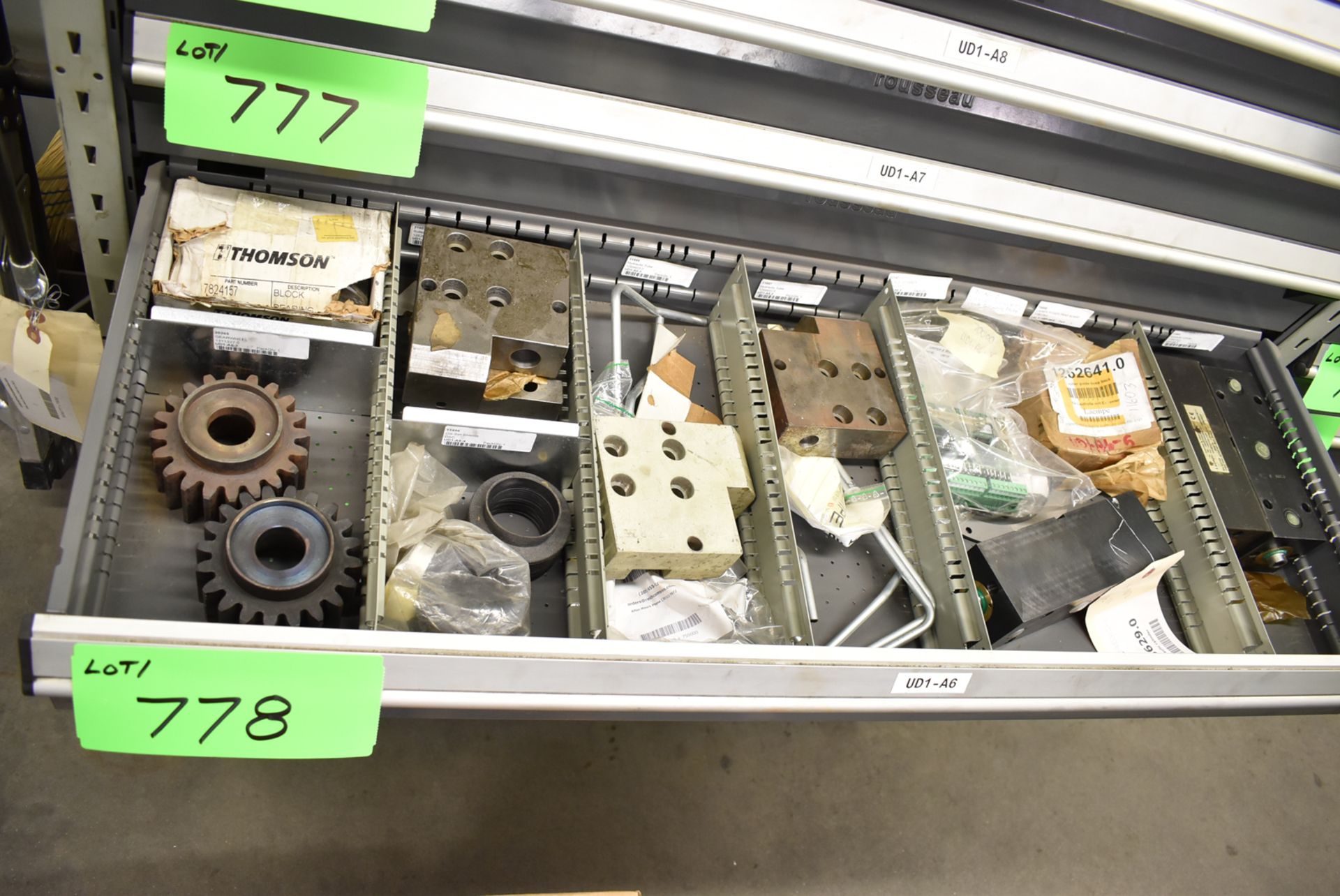 LOT/ CONTENTS OF DRAWER INCLUDING RAIL GUIDES, GEARS, SPARE PARTS & MROs