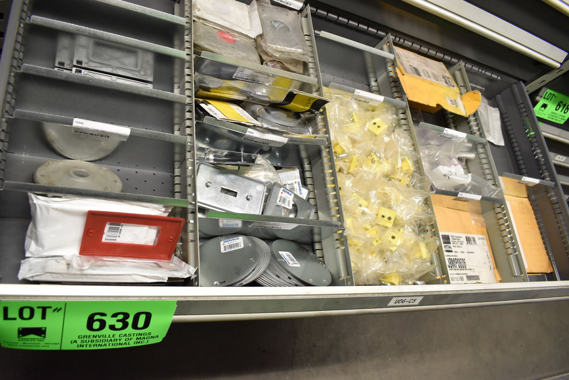 LOT/ CONTENTS OF DRAWER INCLUDING ELECTRICAL COVERS, JUNCTION BOXES, THERMOCOUPLE COMPONENTS & MROs