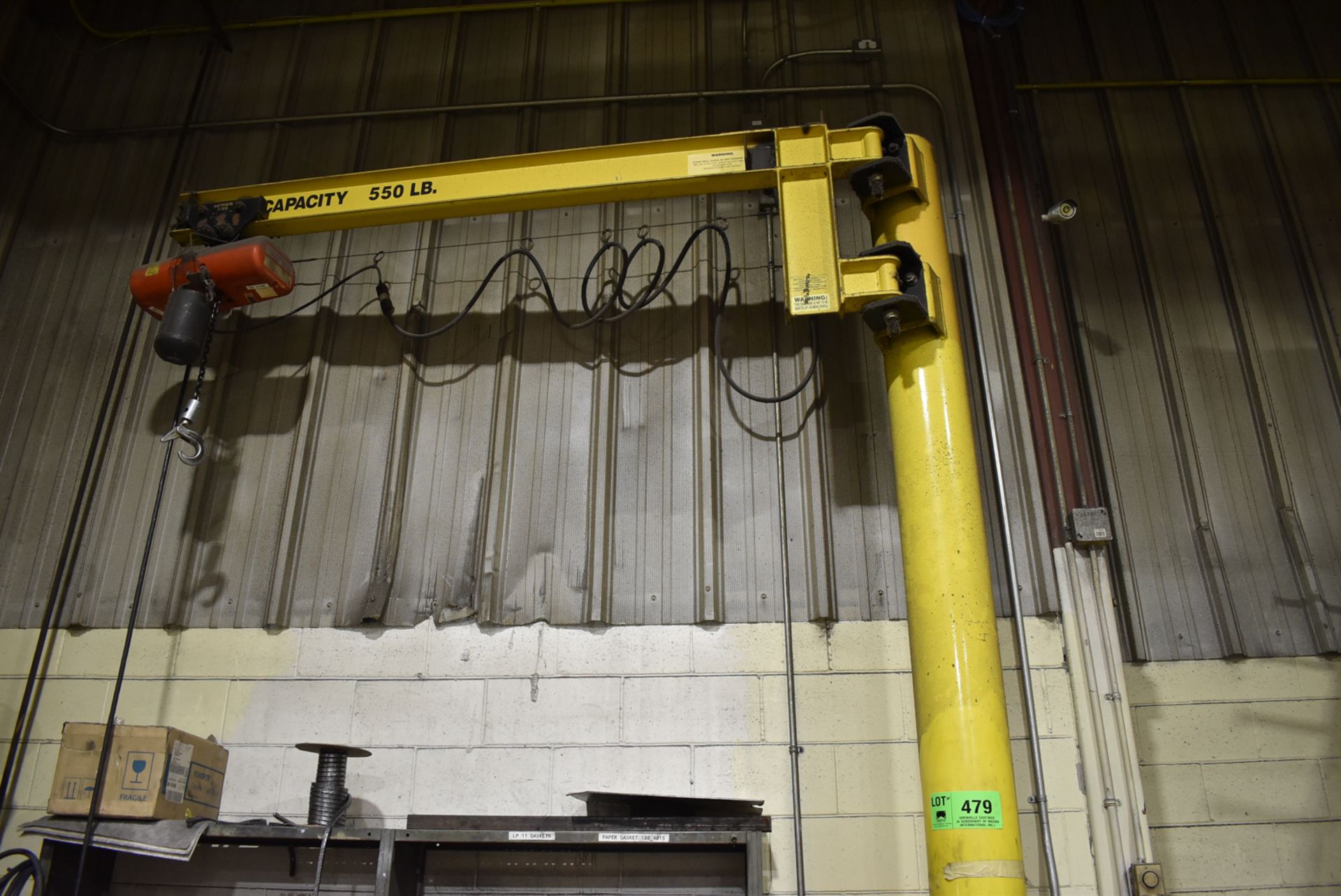 550 LB CAP. FREE STANDING JIB ARM WITH APPROX. 7' SPAN, APPROX. 11' UNDER HOOK, CM LODESTAR 1/4