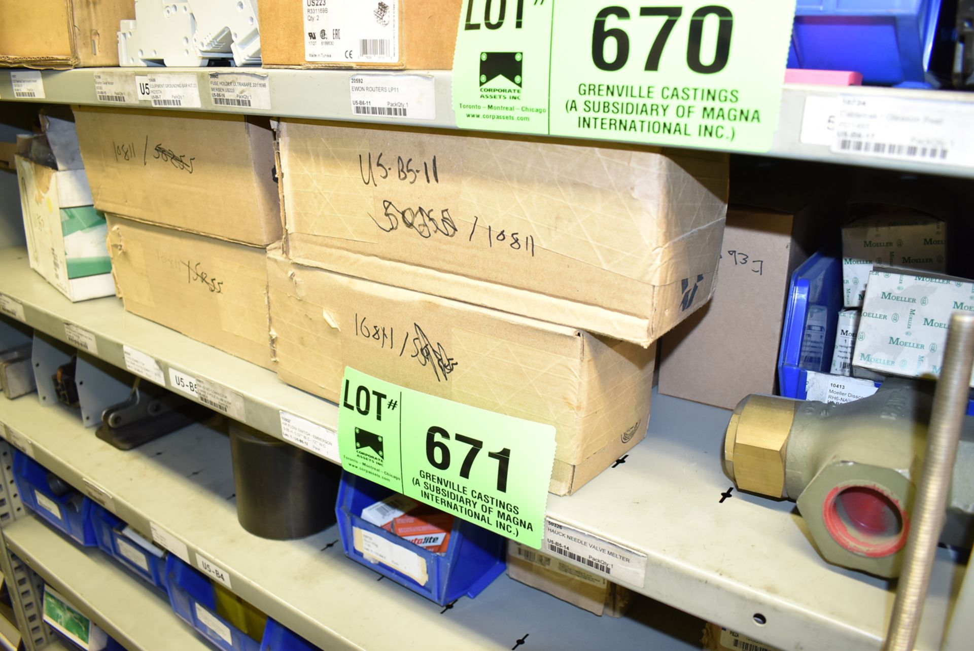 LOT/ CONTENTS OF SHELF INCLUDING NEEDLE VALVES, AIR FLOW SWITCHES, EATON GROUNDED CONNECTORS,