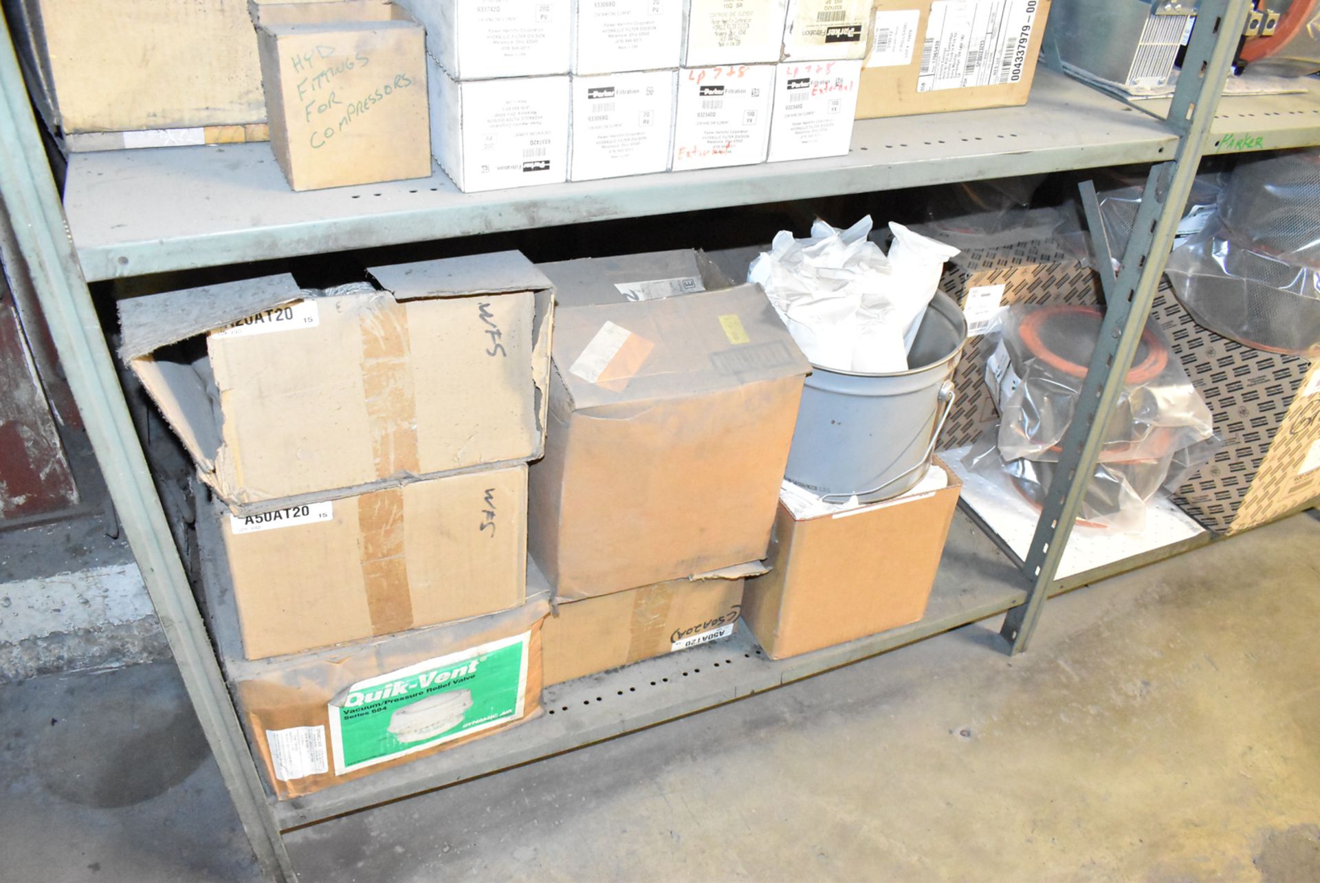LOT/ SHELVES WITH CONTENTS - AIR FILTERS, HYDRAULIC FILTERS, SPARE PUMPS & VALVES - Image 3 of 5