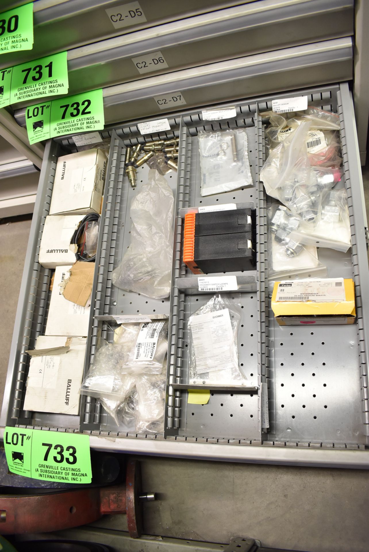 LOT/ CONTENTS OF DRAWER INCLUDING SENSORS, RELAYS, PROXIMITY SWITCHES, SPARE PARTS & MROs