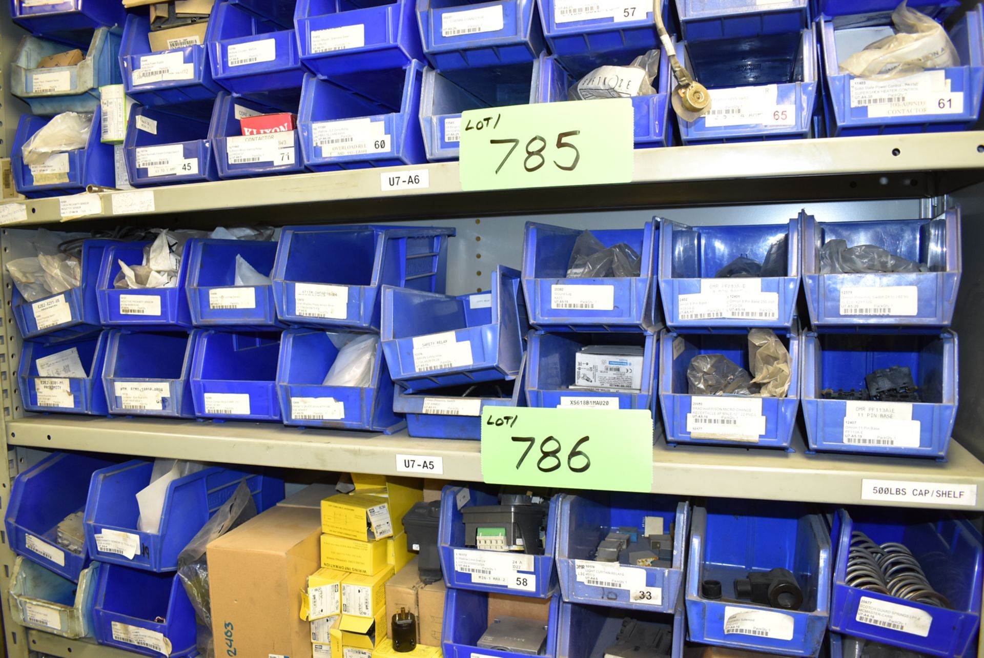 LOT/ CONTENTS OF SHELF INCLUDING RELAYS, PROXIMITY SENSORS, SPARE PARTS & MROs