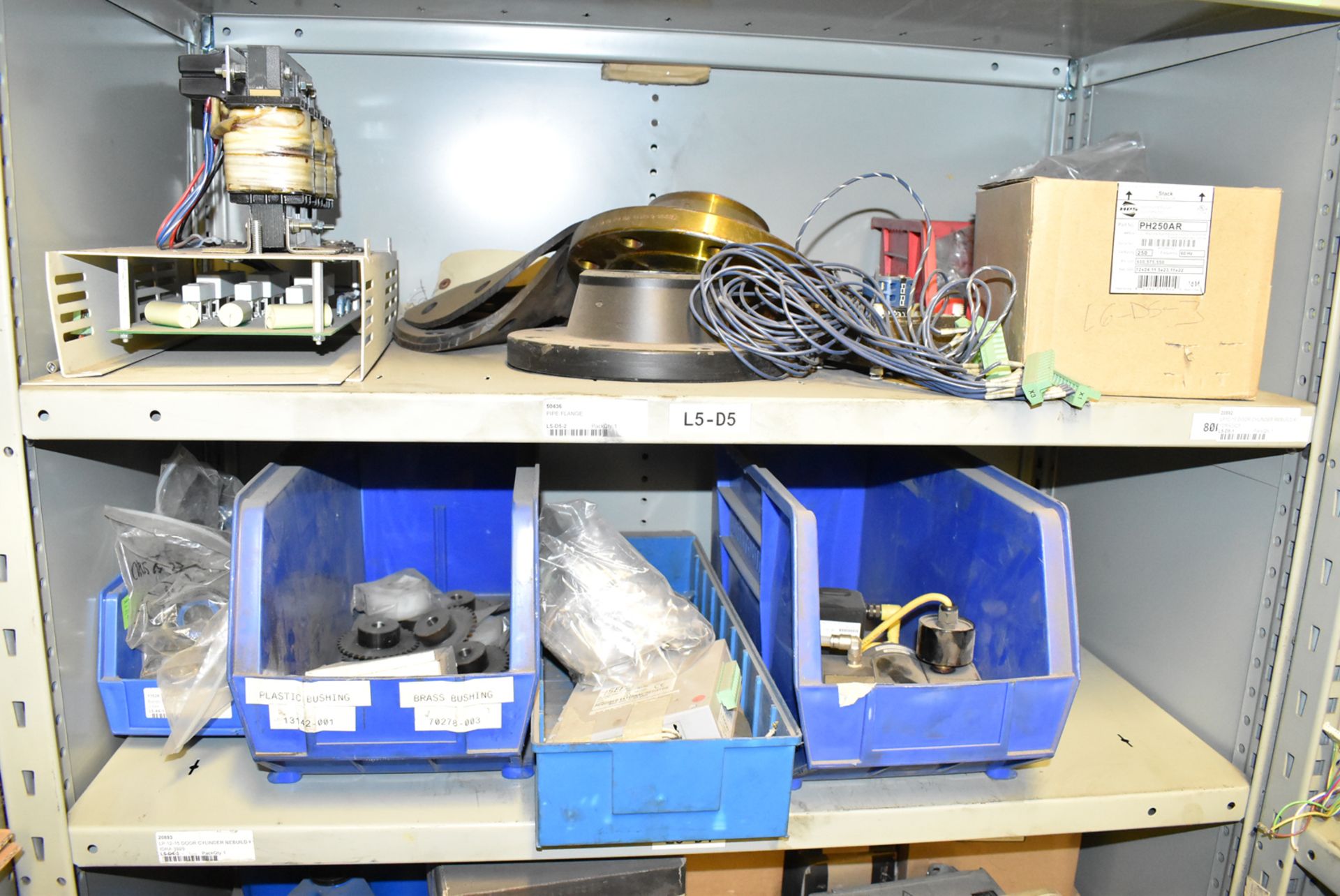 LOT/ CONTENTS OF SHELVES INCLUDING PIPE FLANGE, DOOR COMPONENTS, BUSHINGS, COOLING FAN, SPARE - Image 2 of 3