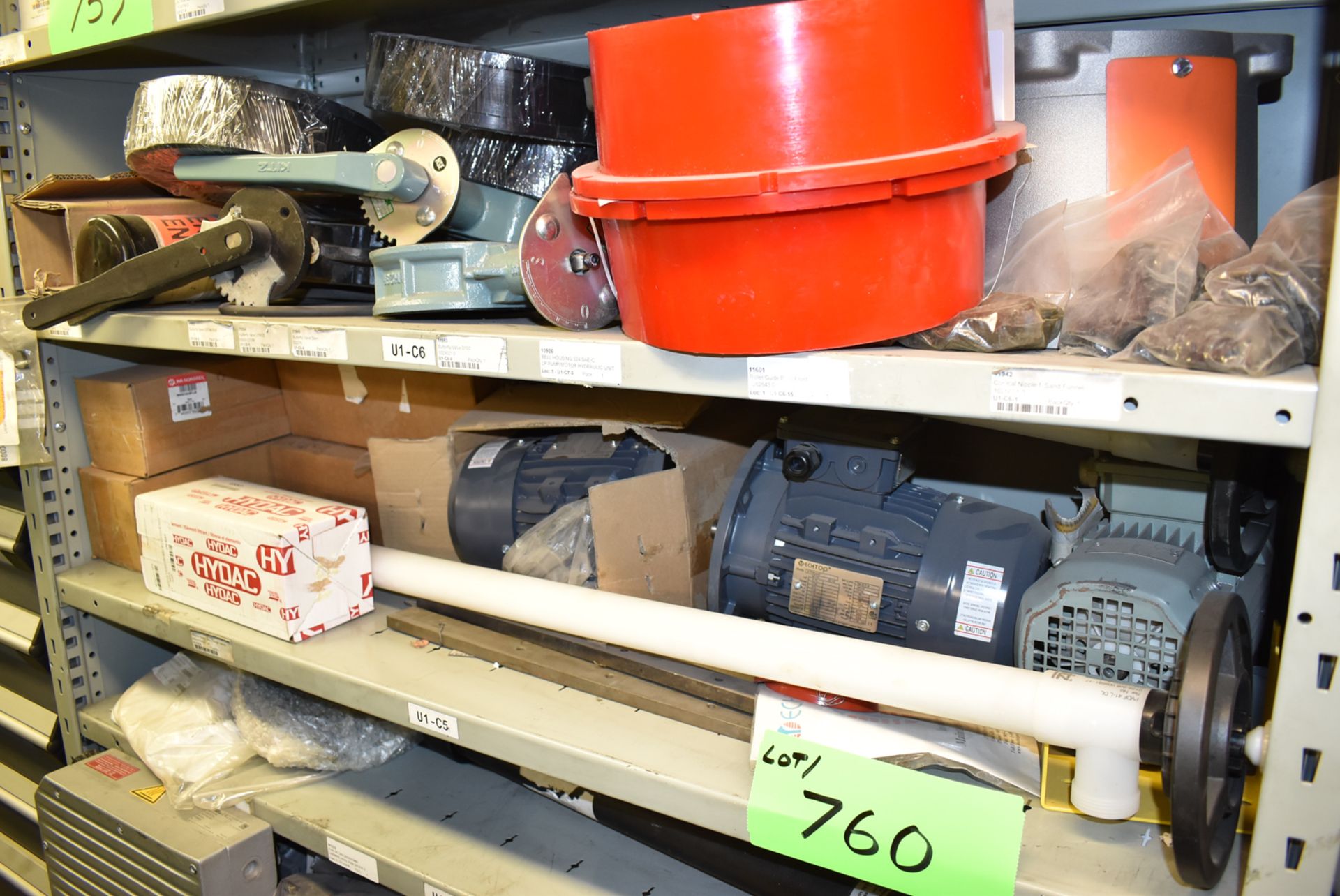 LOT/ CONTENTS OF SHELVES INCLUDING BUTTERFLY VALVES & COMPONENTS, SPARE MOTORS, SPARE PARTS & MROs