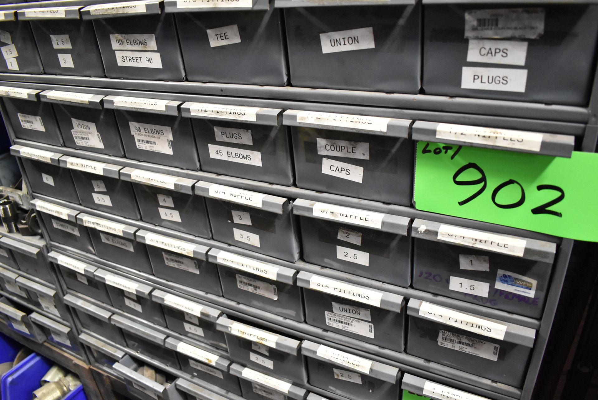 LOT/ 18 DRAWER STORAGE CABINET WITH PIPE FITTINGS