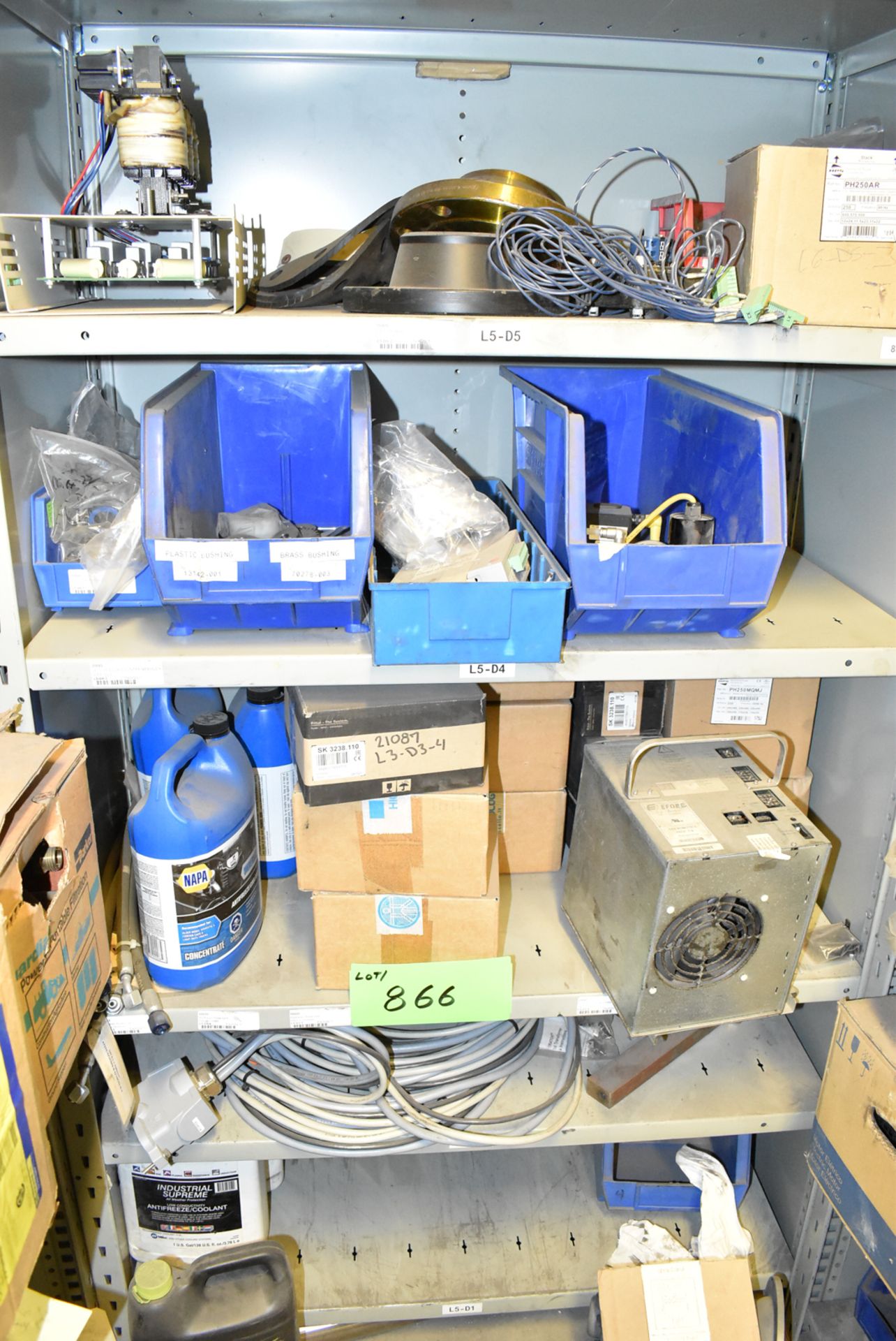 LOT/ CONTENTS OF SHELVES INCLUDING PIPE FLANGE, DOOR COMPONENTS, BUSHINGS, COOLING FAN, SPARE