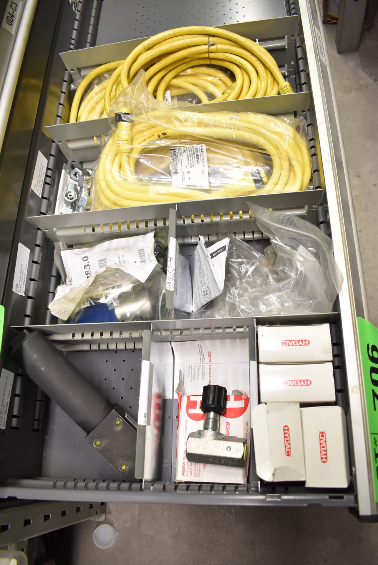 LOT/ CONTENTS OF DRAWER INCLUDING CHECK VALVES, HYDRAULIC VALVES, CONNECTOR CABLES, SPARE PARTS & - Image 2 of 2