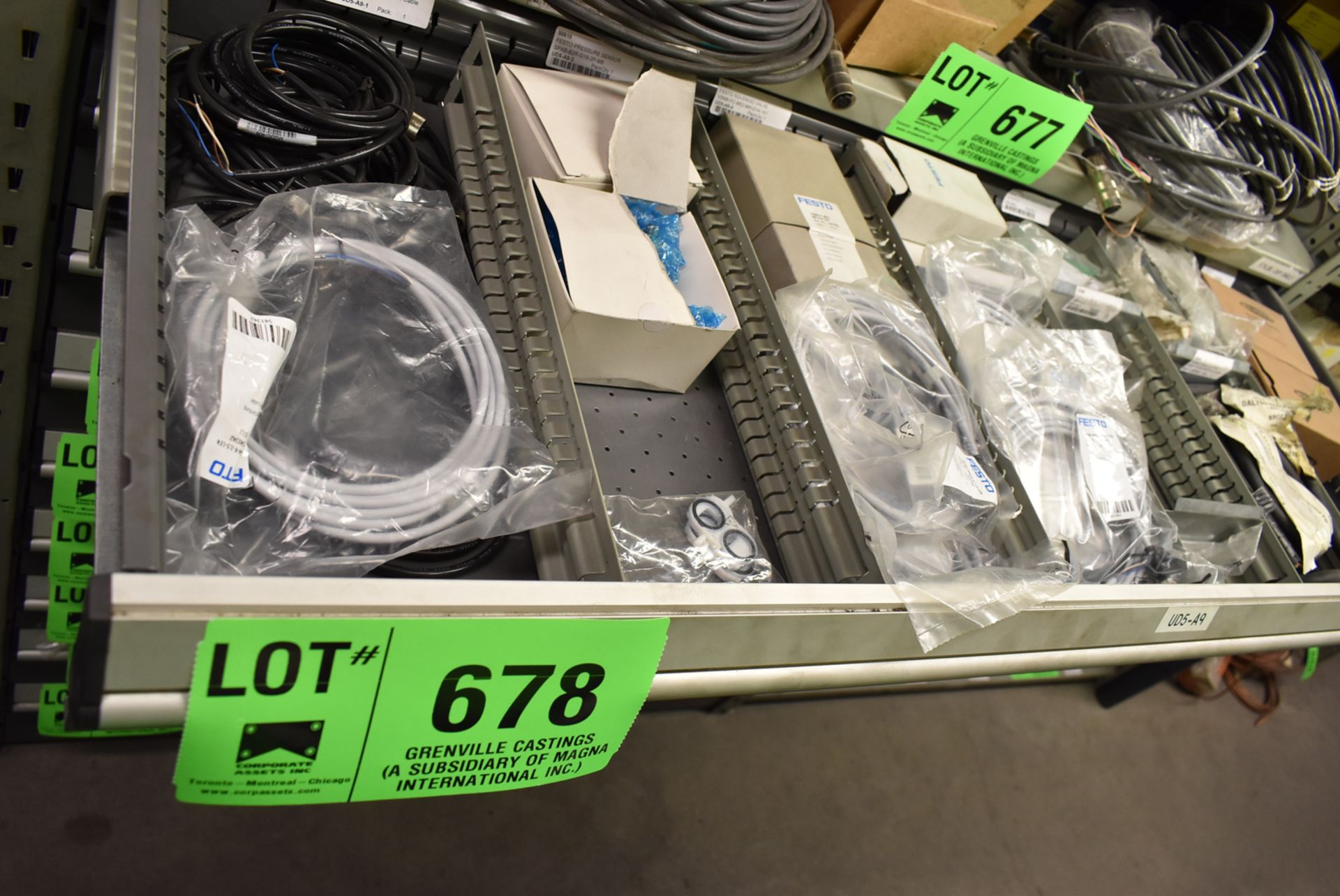 LOT/ CONTENTS OF DRAWER INCLUDING FESTO COMPONENTS - CONNECTOR CABLES, SOLENOID VALVES, BREAKERS,