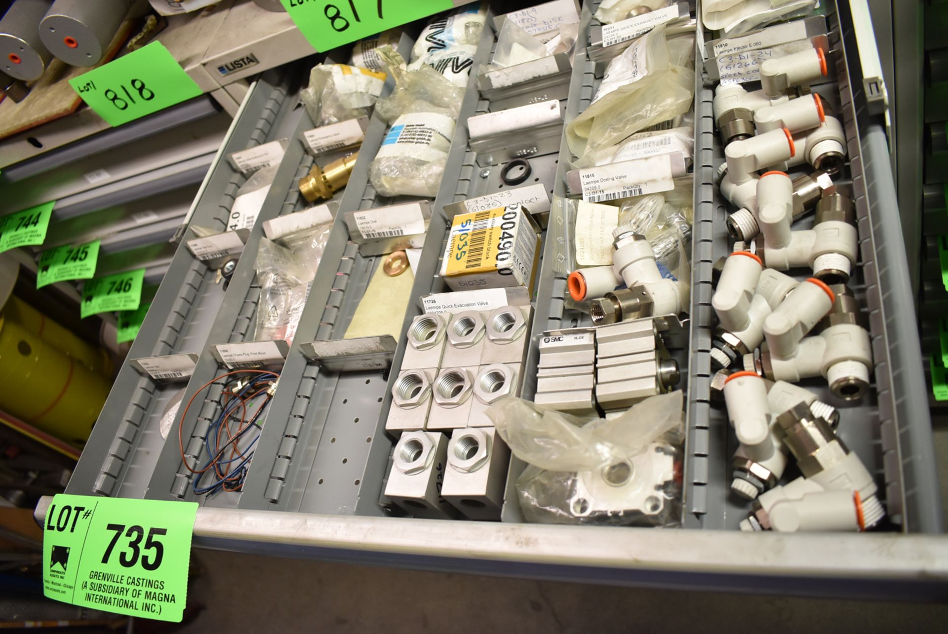 LOT/ CONTENTS OF DRAWER INCLUDING LAEMPE COMPONENTS - VALVES, EJECTORS, SPARE PARTS & MROs