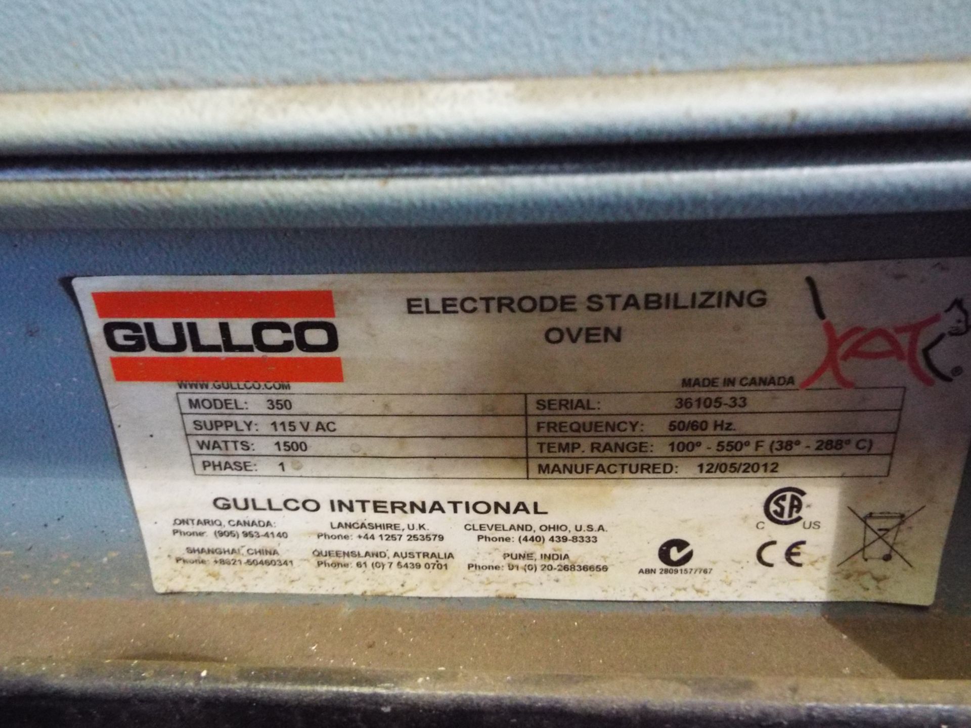 GULLCO ELECTRODE STABILIZING OVEN WITH CONTENTS OF STORAGE CABINET WITH CONSUMABLES & MORE, S/N: - Image 2 of 3