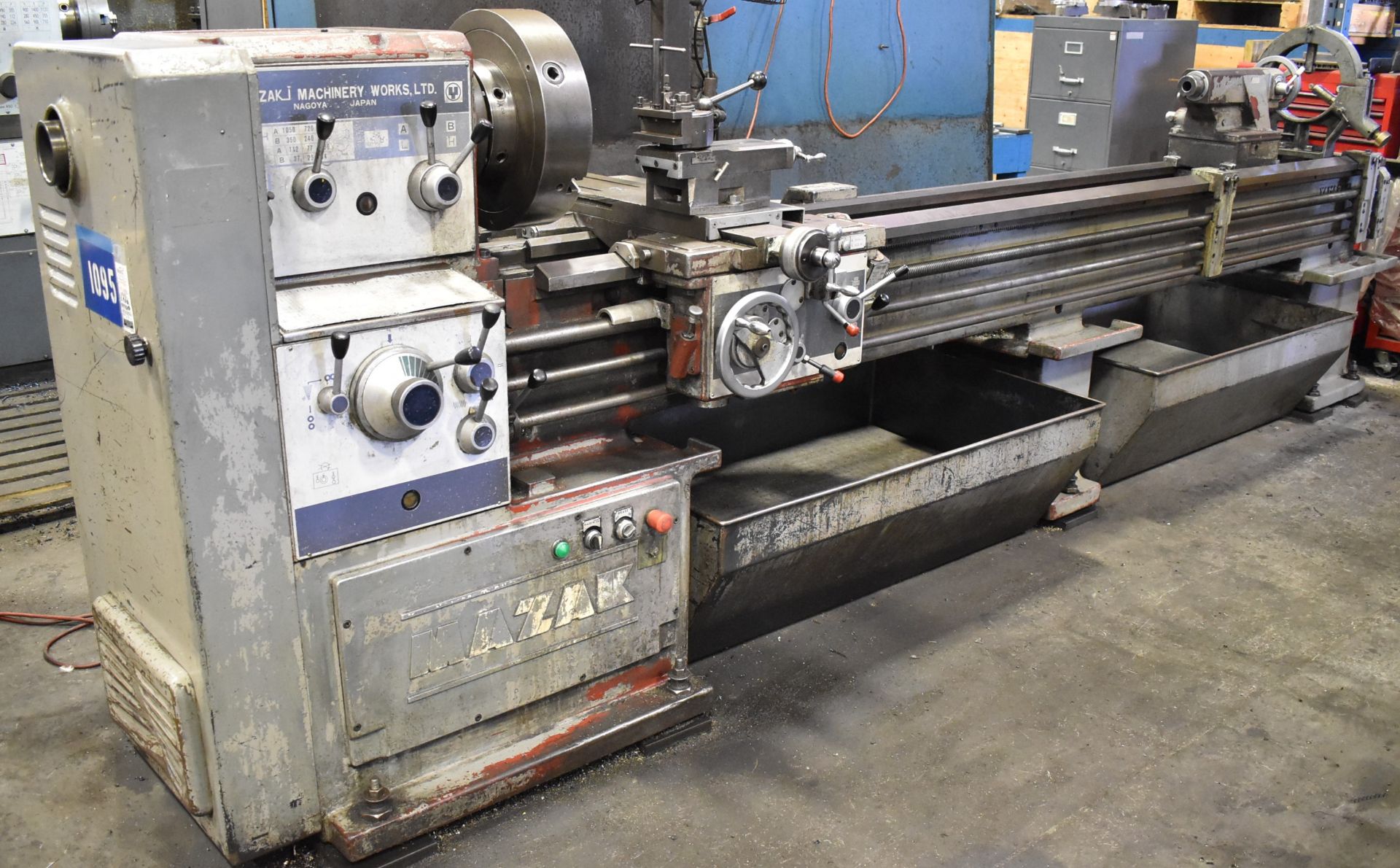 MAZAK GAP BED ENGINE LATHE WITH 20" SWING OVER BED, 126" BETWEEN CENTERS, 4" SPINDLE BORE, SPEEDS TO