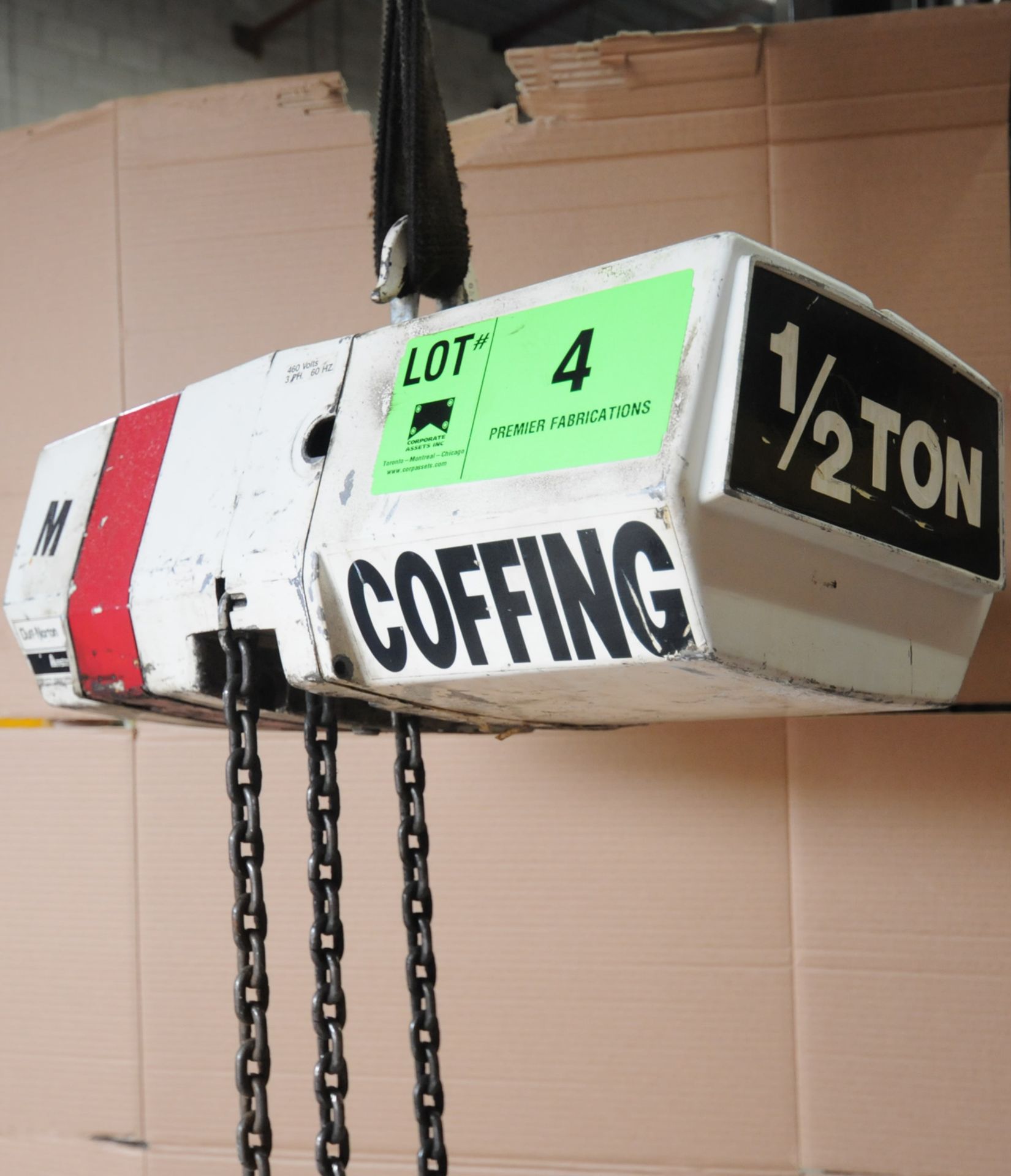 COFFING HALF TON CAPACITY ELECTRIC CHAIN HOIST WITH PENDANT CONTROL, 460V/3PH/60HZ, S/N: 100449 - Image 2 of 2