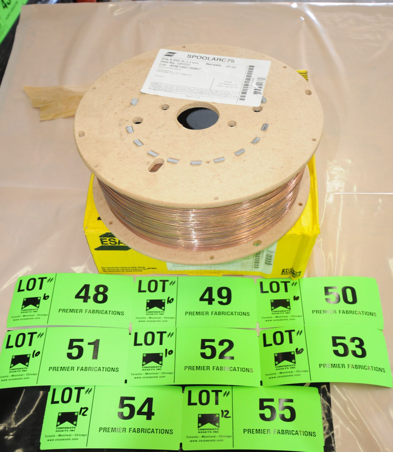 LOT/ (10) 44LB SPOOLS OF ESAB SPOOLARC75 0.045" DIAMETER WELDING WIRE CONFORMING TO AWS/ASME SFA 5.