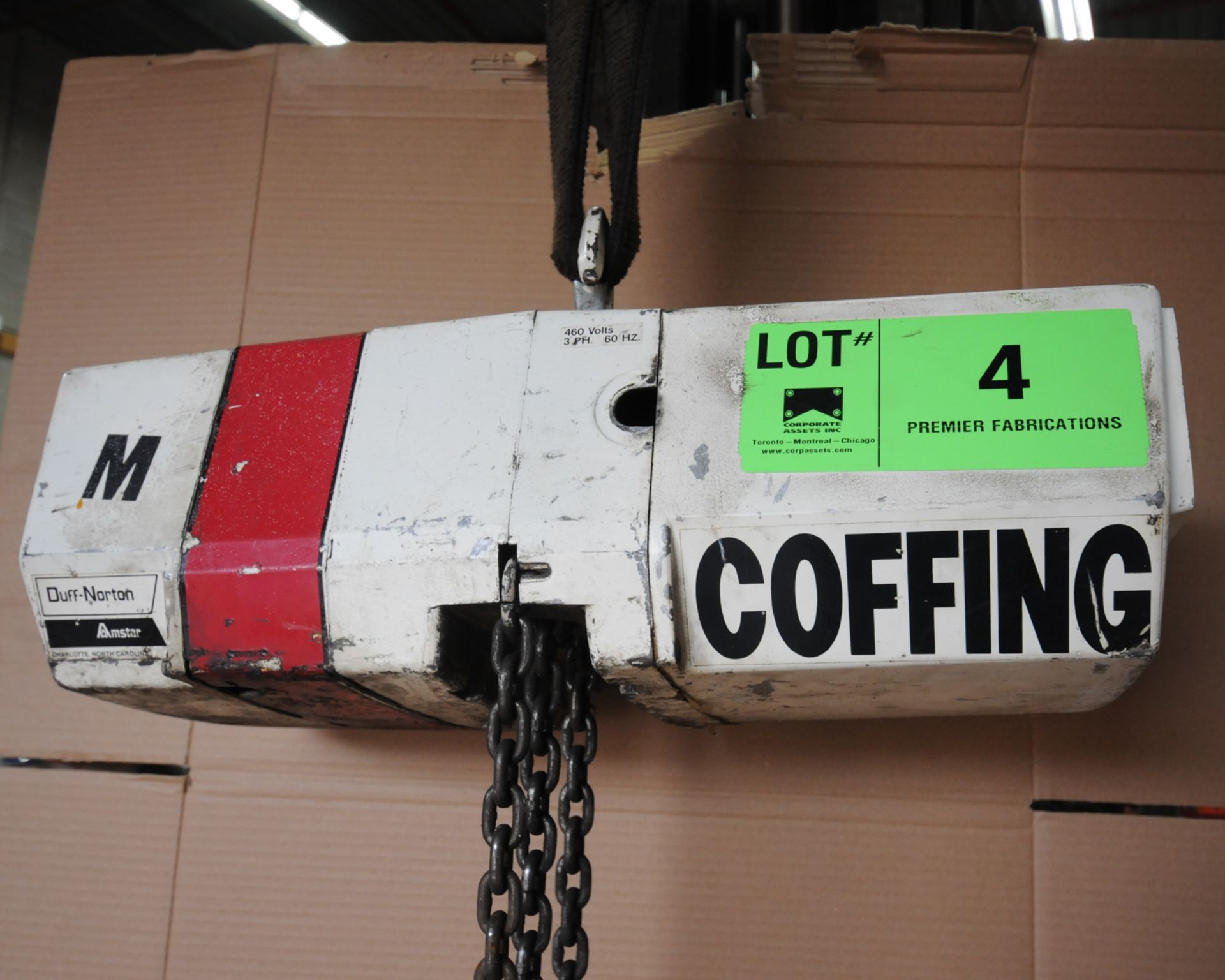 COFFING HALF TON CAPACITY ELECTRIC CHAIN HOIST WITH PENDANT CONTROL, 460V/3PH/60HZ, S/N: 100449