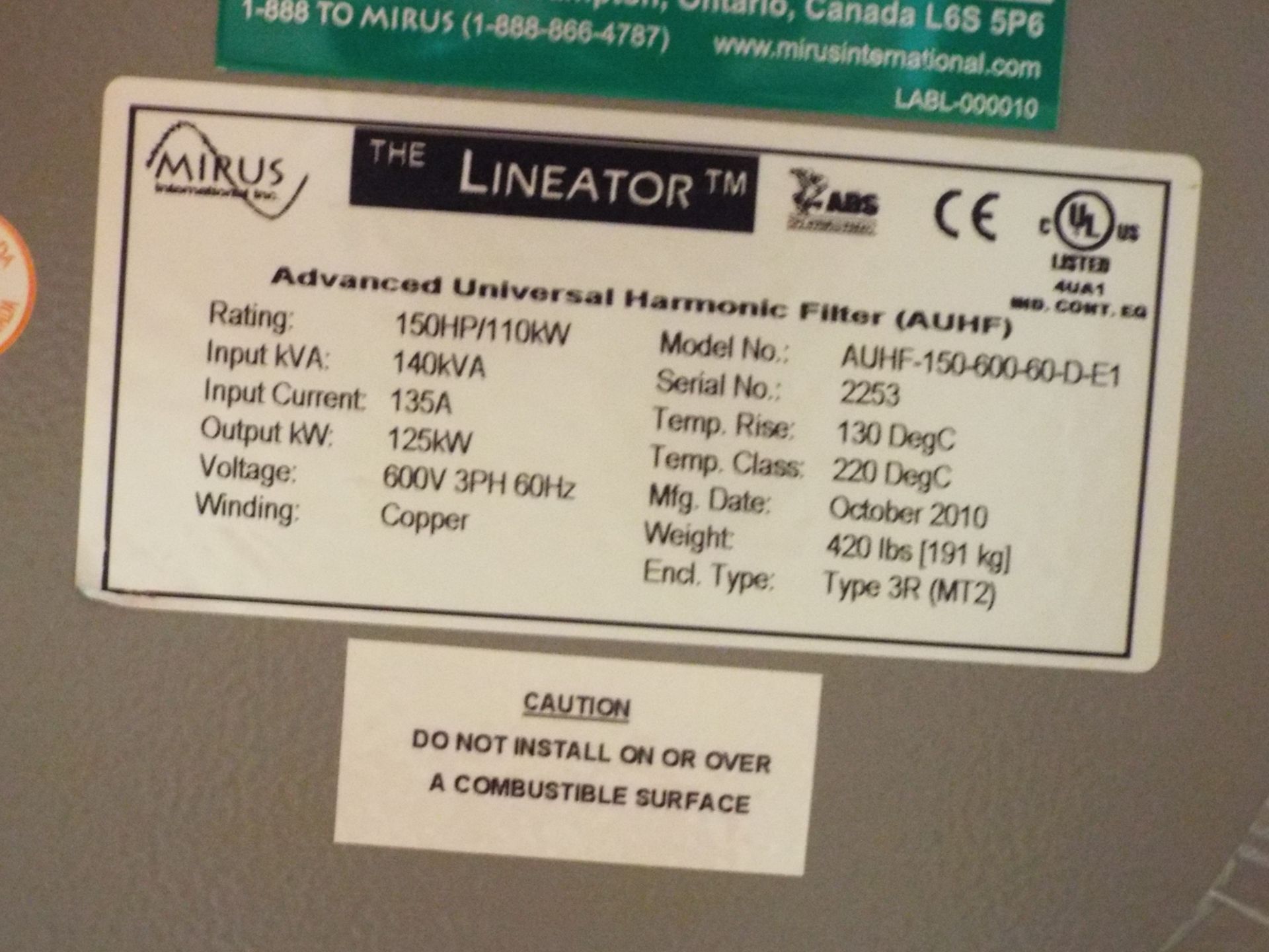 MIRUS THE LINEATOR ADVANCED UNIVERSAL HARMONIC FILTER AUHF-150-600-60-D-E1 - Image 4 of 4