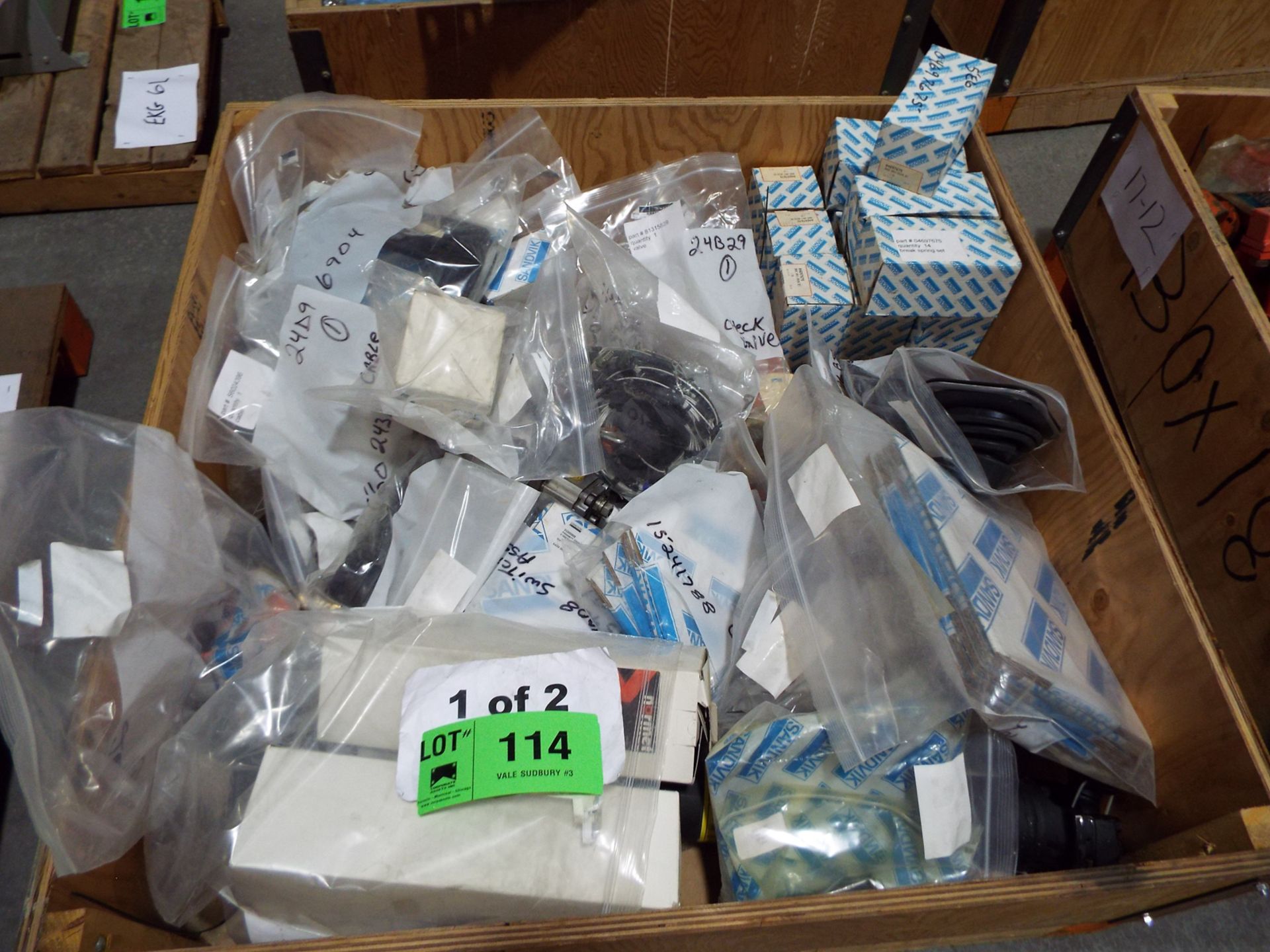 LOT/ SANDVIK PARTS INCLUDING COVER GLASS, CABLE, VALVE, PROXIMITY SWITCH, COUPLINGS, AND BREAK