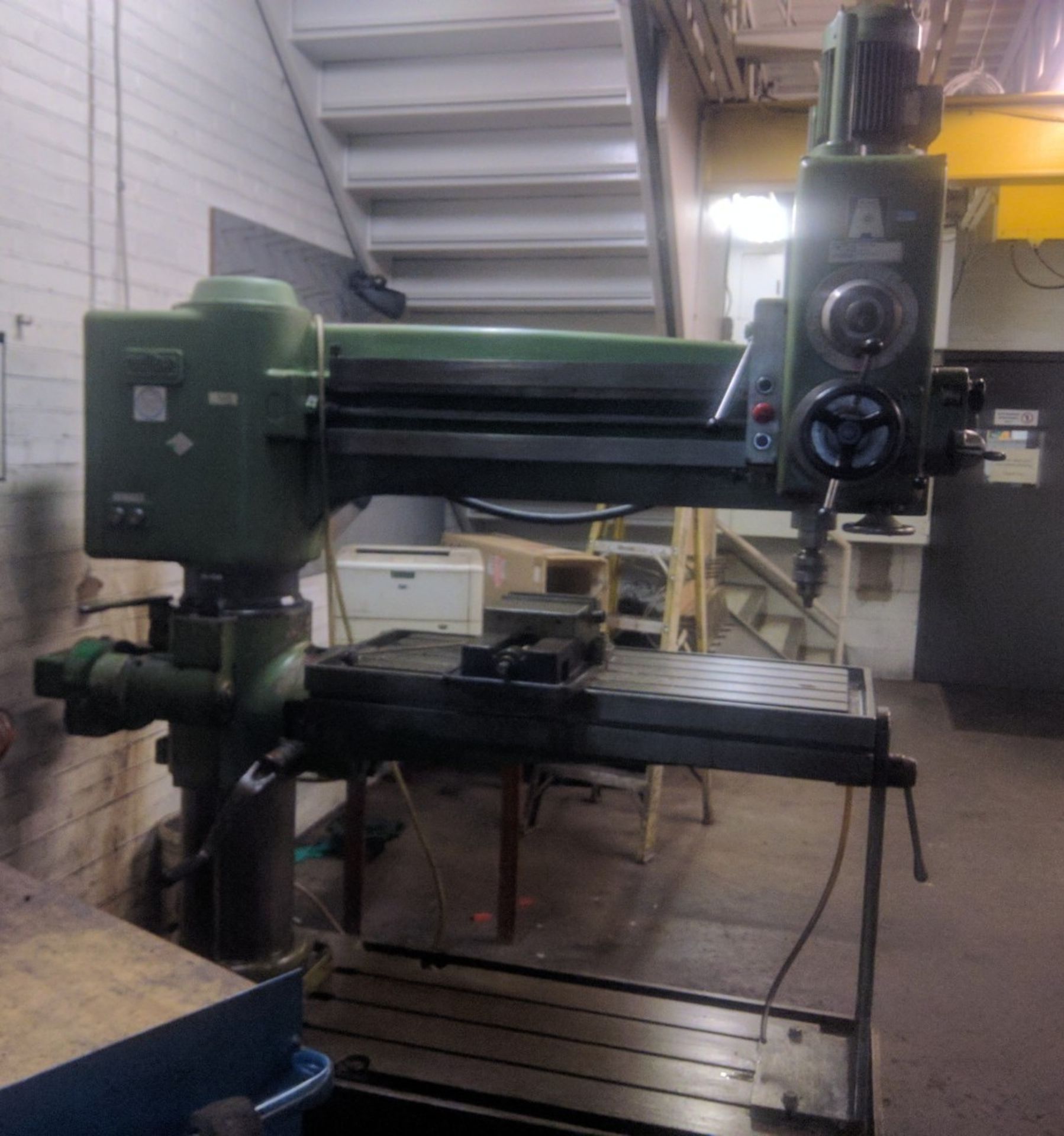 EMA 3' RADIAL ARM DRILL WITH 24"×12" TABLE, SPEEDS TO APPROX. 1100 RPM,