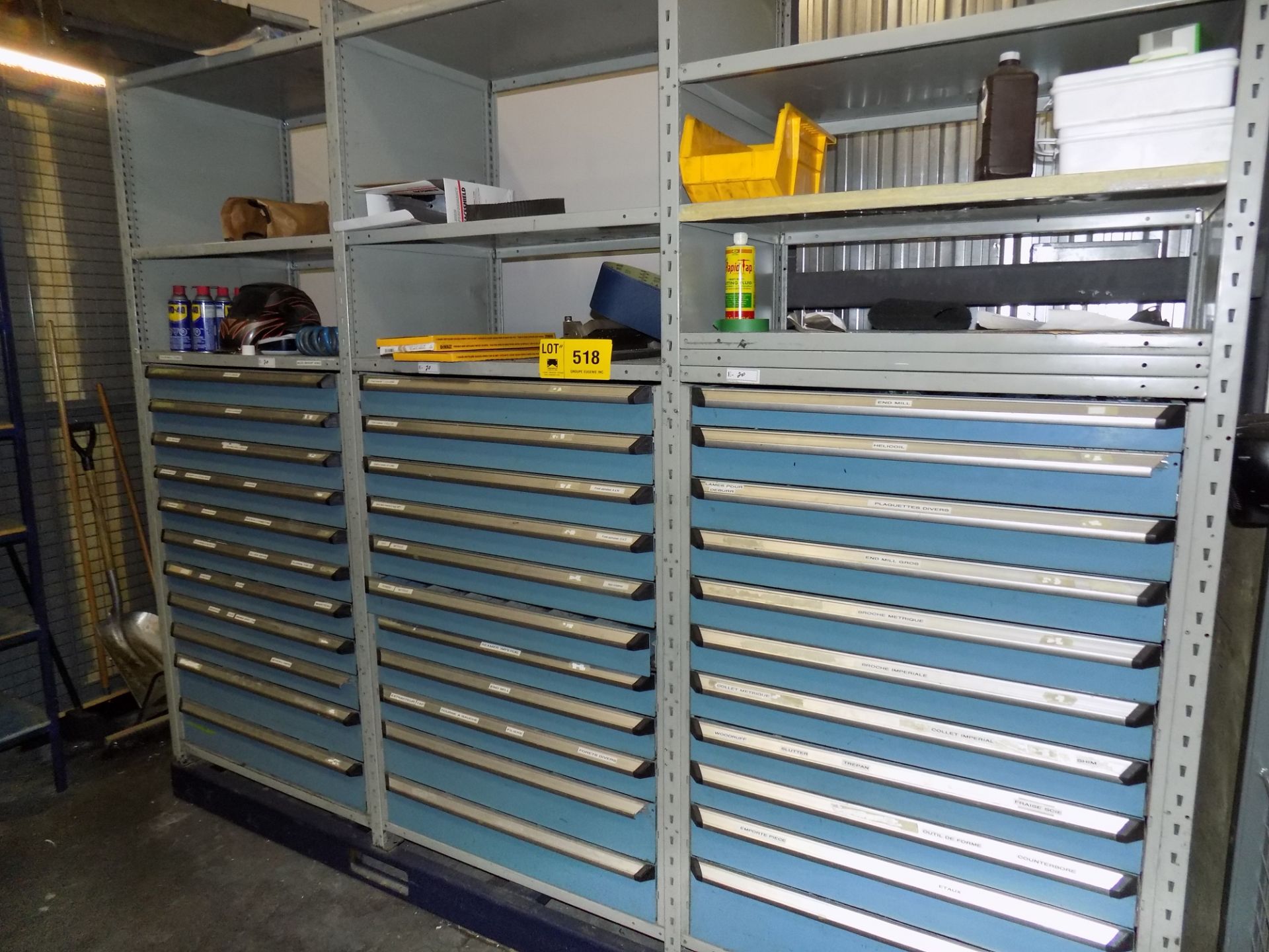LOT/ (3) SECTIONS OF SHELVING WITH LISTA TYPE TOOL CABINETS