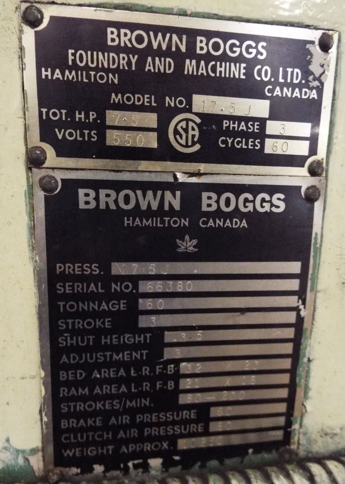 BROWN BOGGS 17-5J 60 TON CAP. OBI PRESS WITH 21"X16" RAM, 32"X23" BED, 3 STROKE, 80-200 STROKES - Image 7 of 7