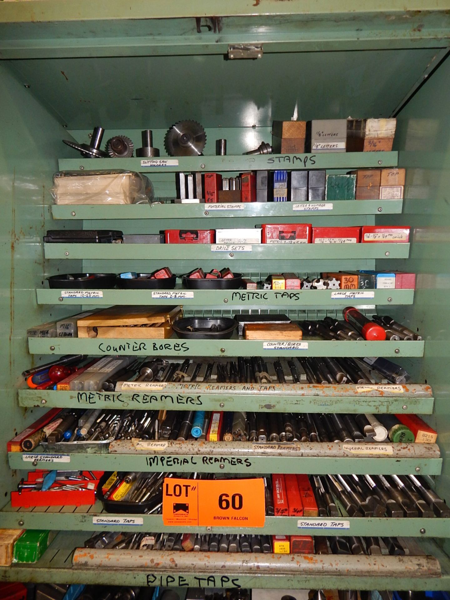 LOT/ CONTENTS OF SHELVES - PERISHABLE TOOLING INCLUDING STAMPS, CUTTING SAWS, DILLS, STANDARD &