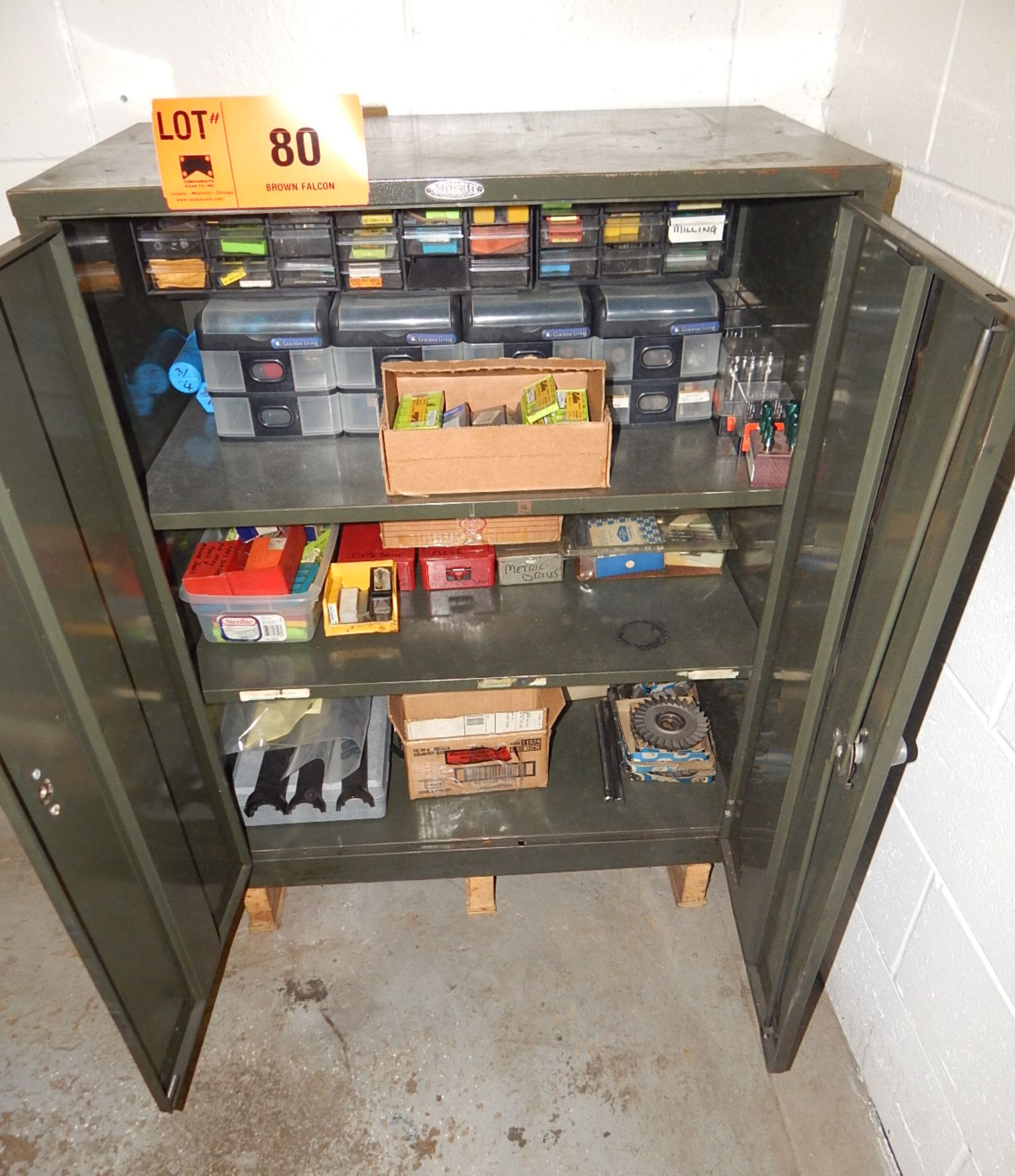 LOT/ SHOP CABINET WITH PERISHABLE TOOLING - CARBIDE INSERTS, TAPS, DRILLS, END MILLS, CUTTERS