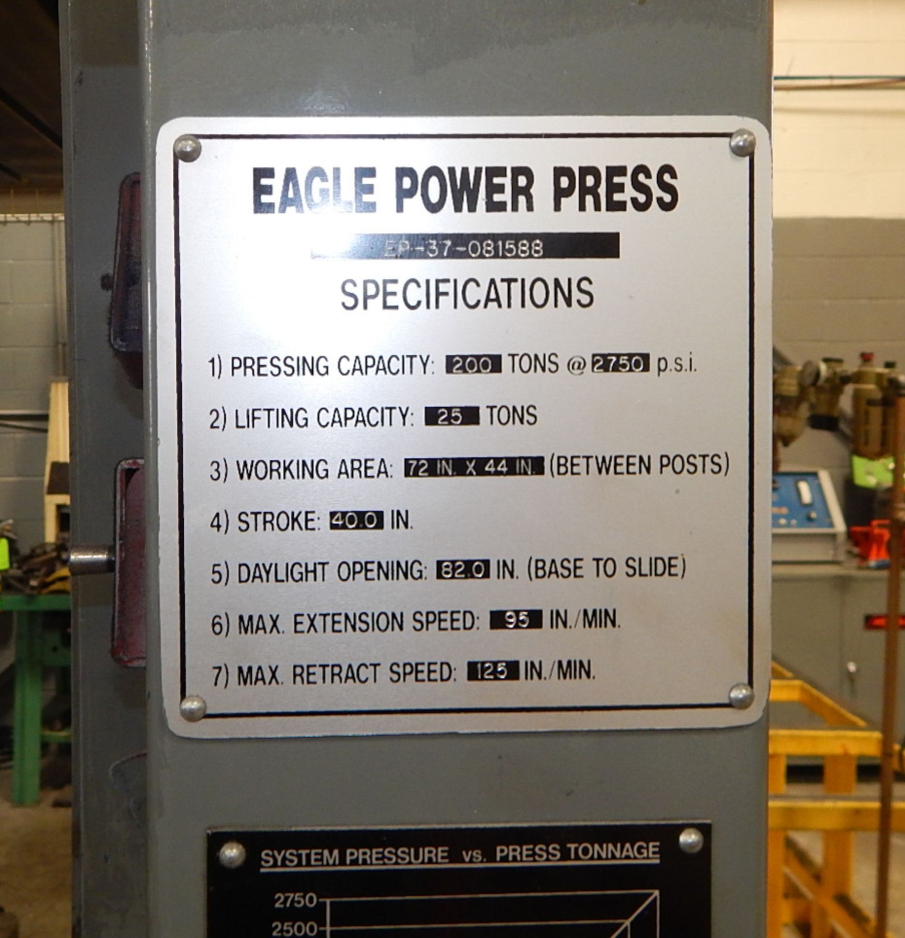 EAGLE PRESS PH2-200-72-44 4 POST HYDRAULIC SPOTTING PRESS WITH 200 TON CAP., 56"X38"X30"H BOX TABLE, - Image 5 of 6