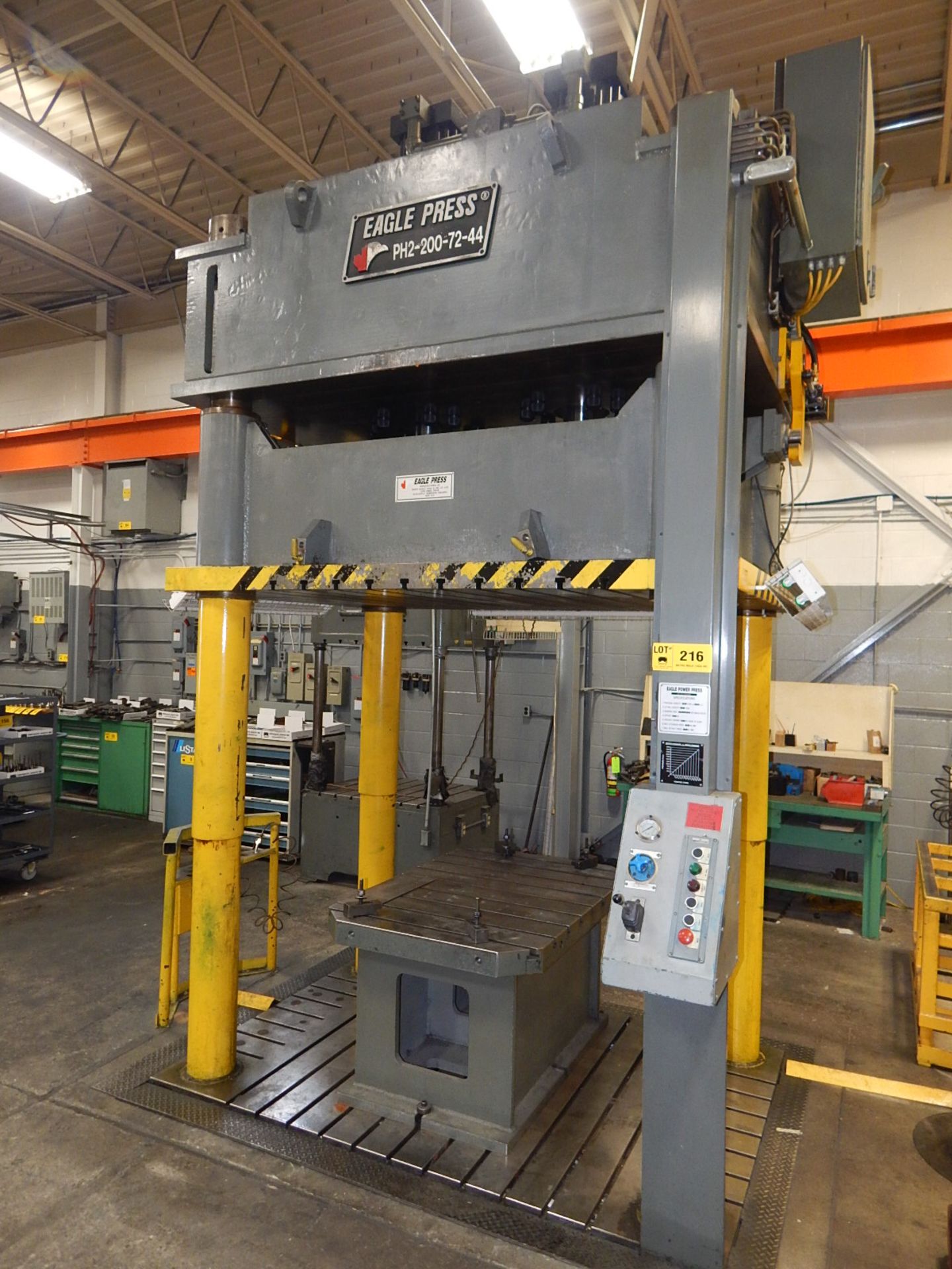 EAGLE PRESS PH2-200-72-44 4 POST HYDRAULIC SPOTTING PRESS WITH 200 TON CAP., 56"X38"X30"H BOX TABLE, - Image 3 of 6