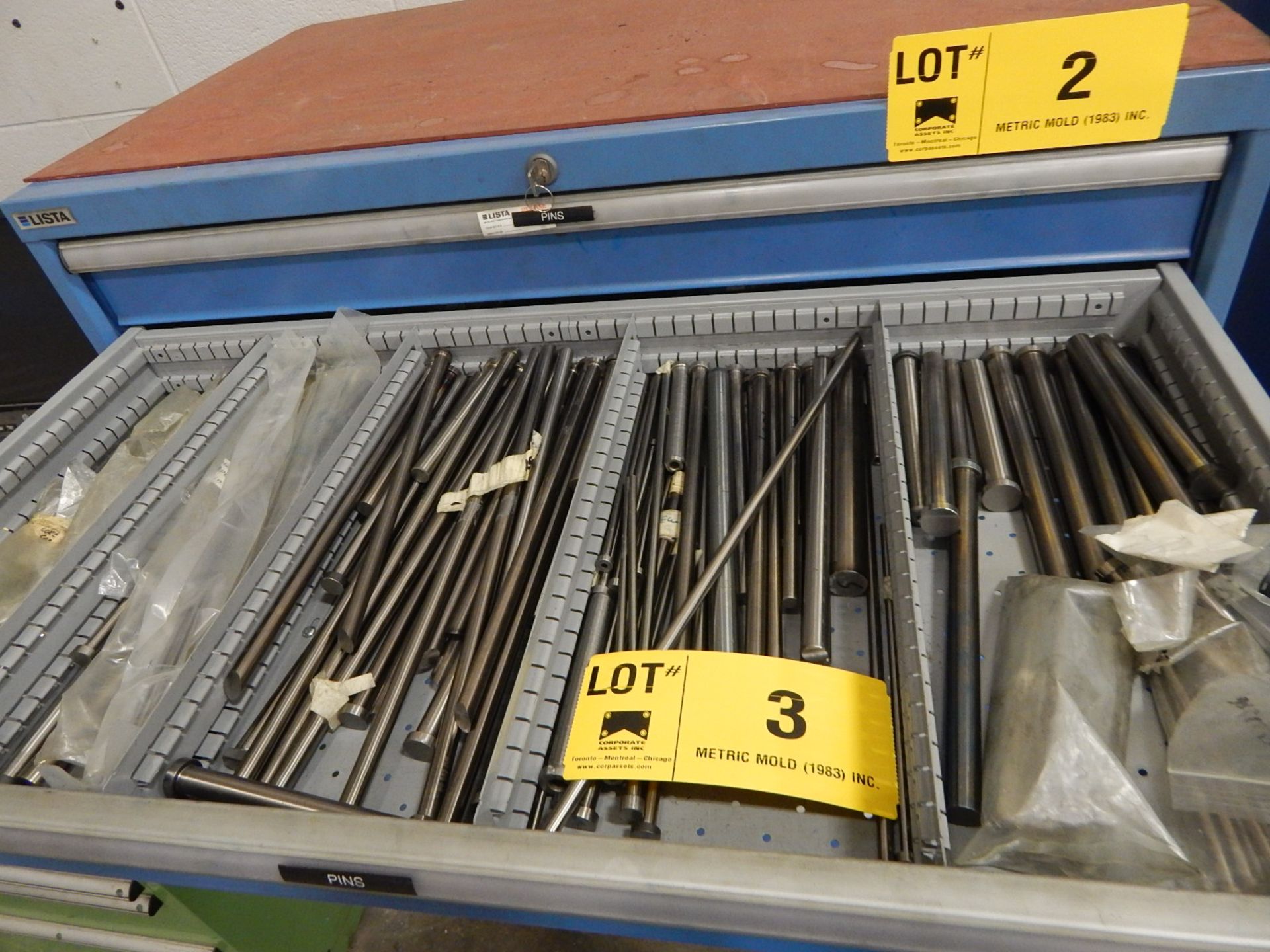 LOT/ CONTENTS OF CABINET CONSISTING OF PINS, MOLD COMPONENTS, FITTINGS, AND SPRINGS (DELAYED