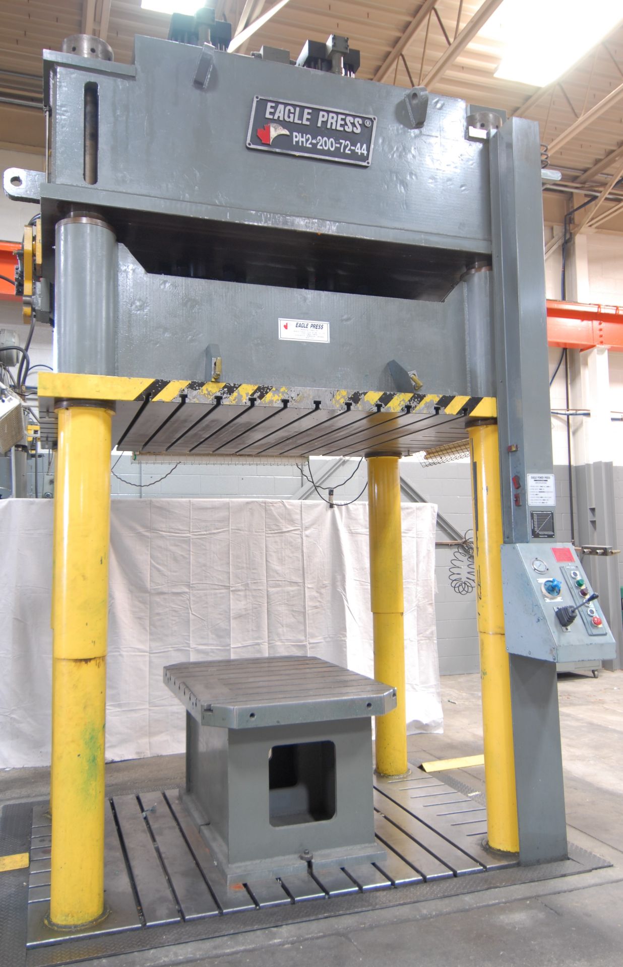 EAGLE PRESS PH2-200-72-44 4 POST HYDRAULIC SPOTTING PRESS WITH 200 TON CAP., 56"X38"X30"H BOX TABLE,