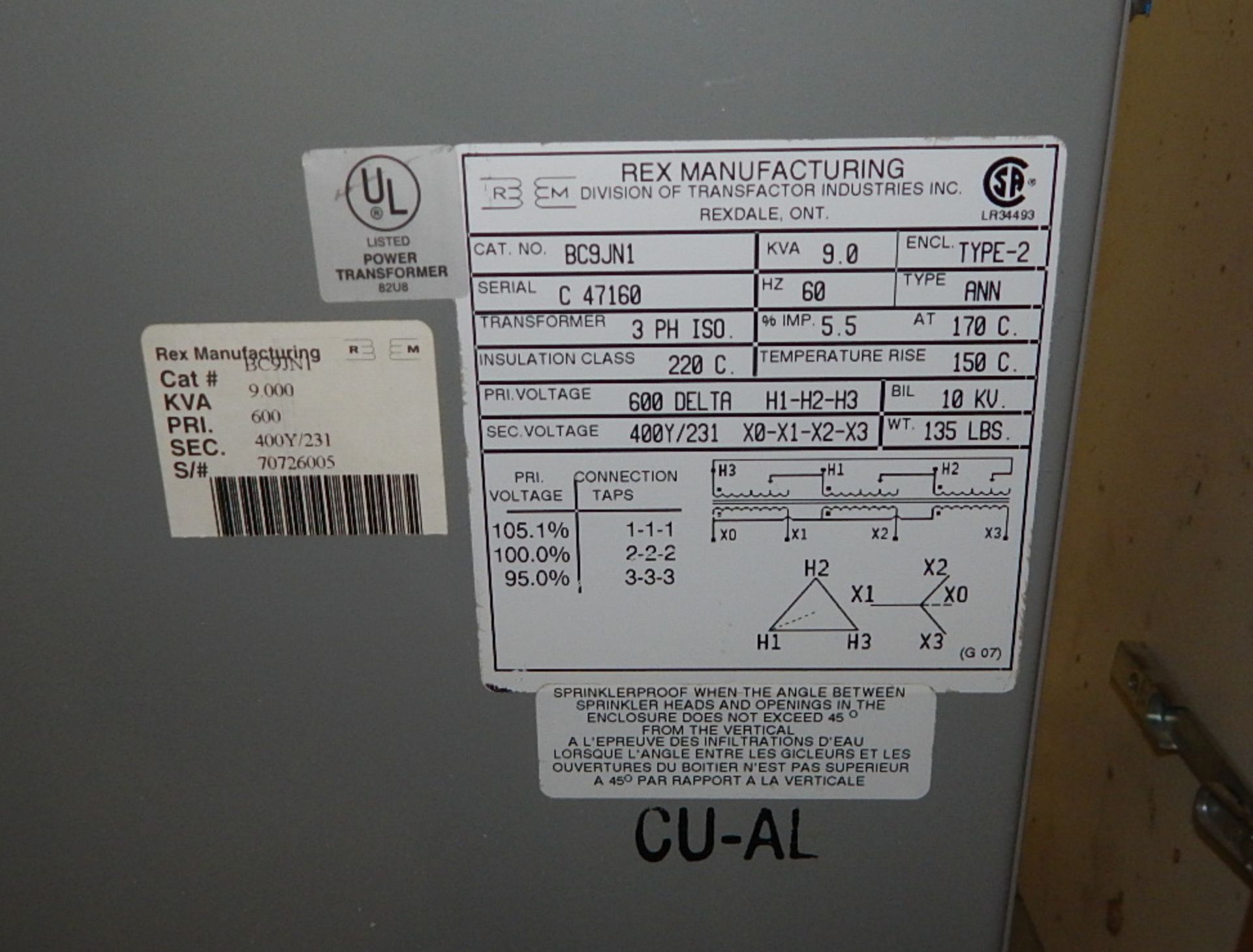 REX 9.0KVA, 600/231V, 3PH, 60Hz TRANSFORMER (CI) - Image 2 of 2