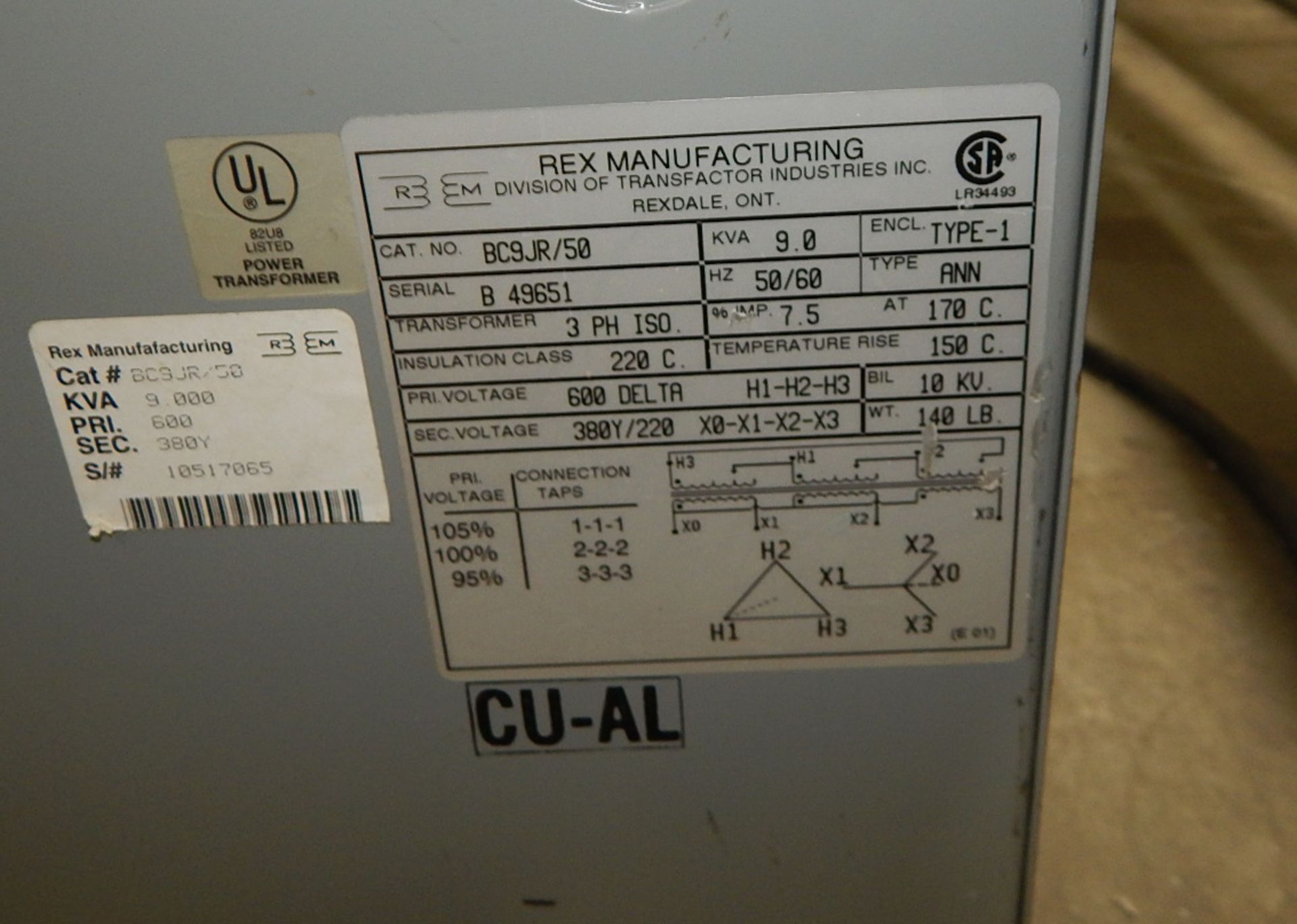 REX 9.0KVA, 600/220V, 3PH, 50/60Hz,TRANSFORMER (CI) - Image 2 of 2