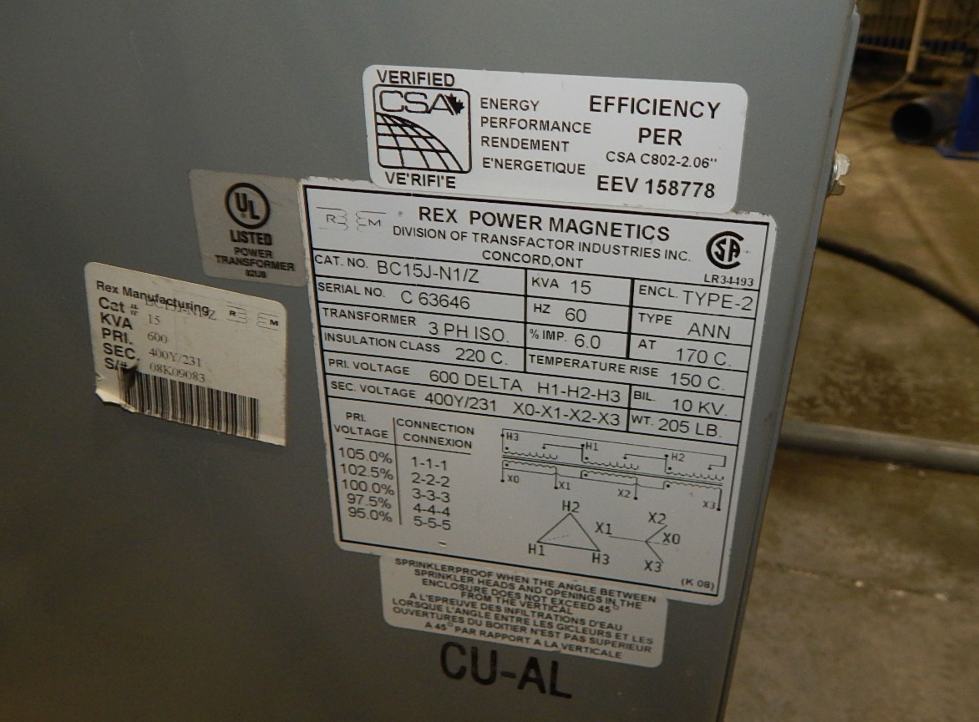 REX 15KVA, 600/231V, 3PH, 60Hz, TRANSFORMER (CI) - Image 2 of 2