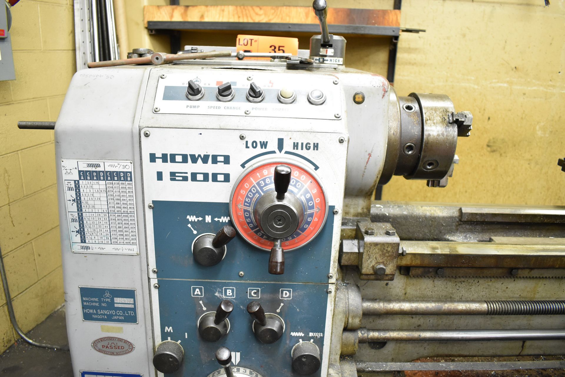HOWA SANGYO 430X1500 ENGINE LATHE WITH 20" SWING, 60" BETWEEN CENTERS, 8" 3-JAW CHUCK, SPEEDS TO - Image 4 of 4