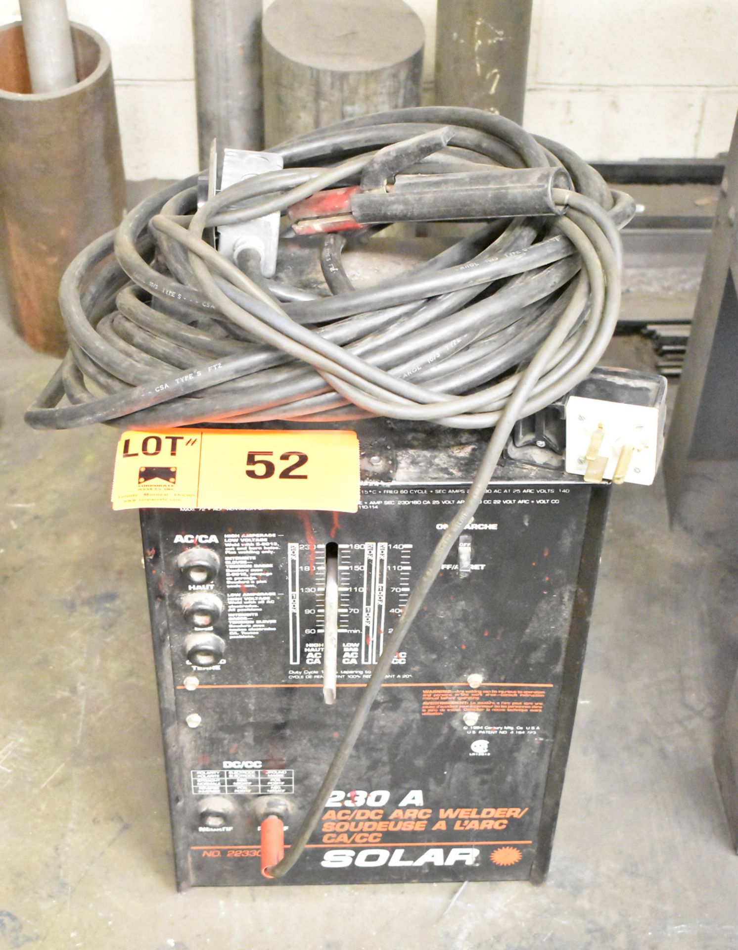 SOLAR 230A ARC WELDER WITH CABLES AND GUN, S/N N/A