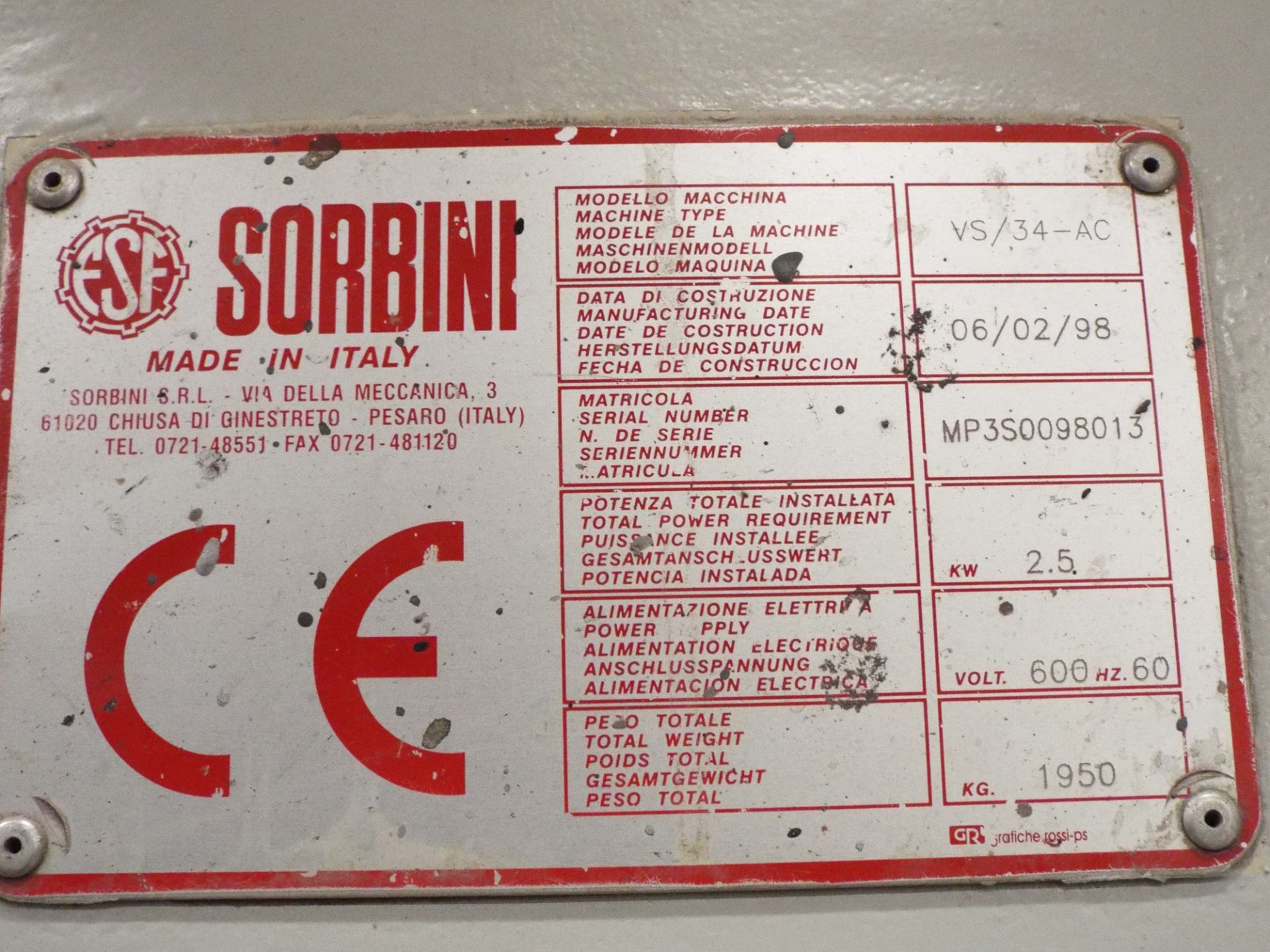 SORBINI VS/34-AC PANEL CLEANER, S/N: MP3S0098013 - Image 4 of 6