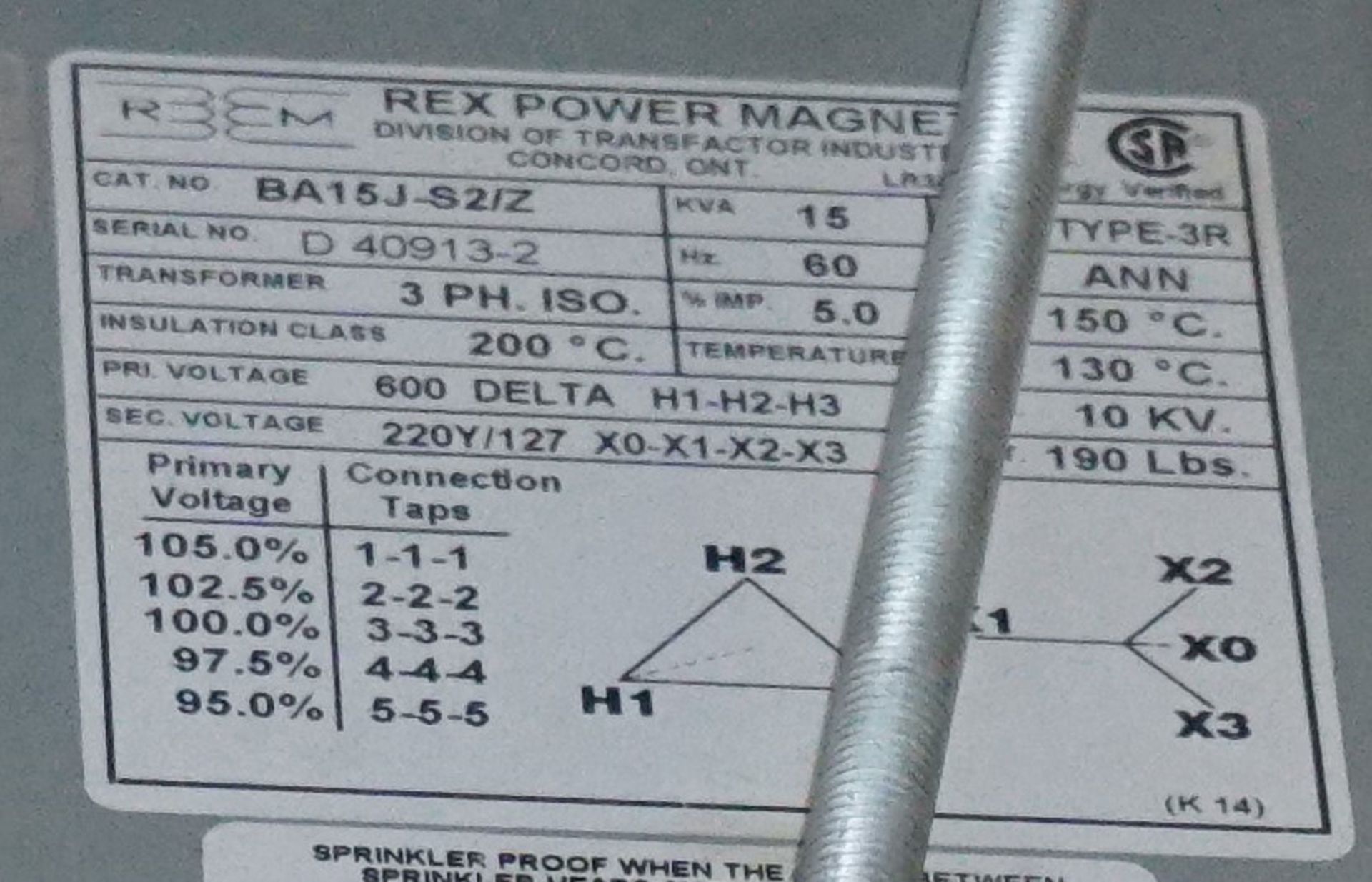 REX POWER TRANSFORMER 15 KVA, 600HV-220Y/127LV, 3 PHASE (CI) - Image 2 of 2