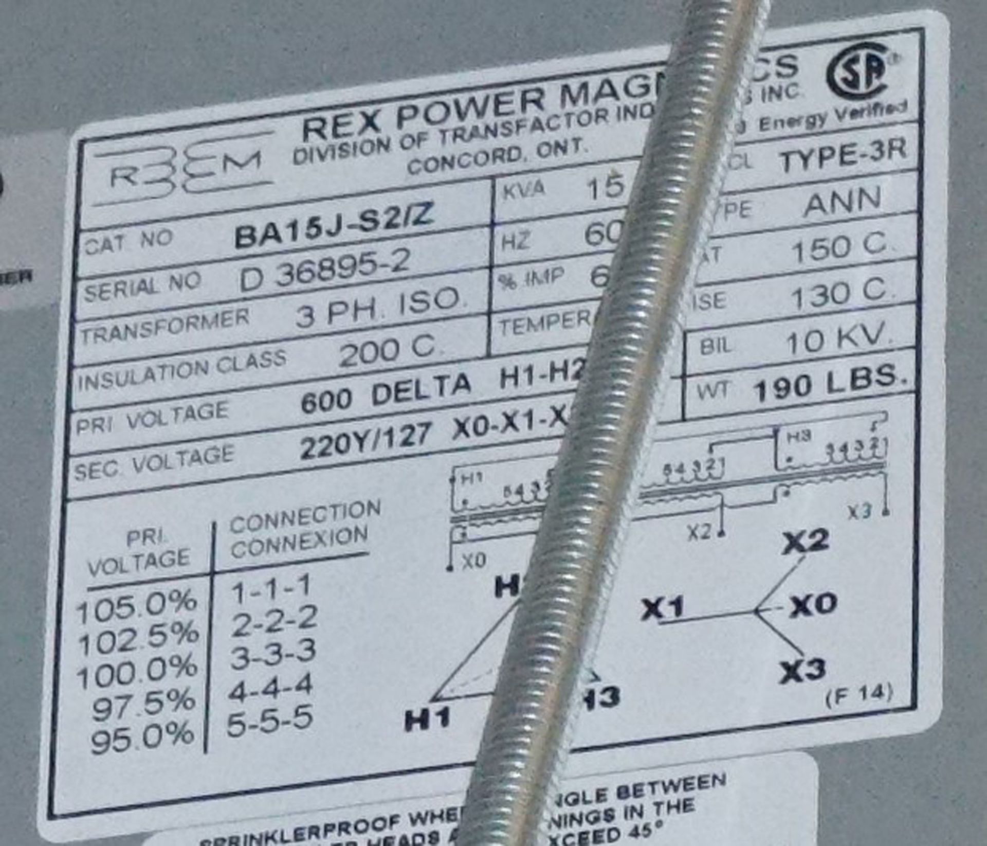 REX POWER TRANSFORMER 15 KVA, 600HV-220Y/127LV, 3 PHASE (CI) - Image 2 of 2