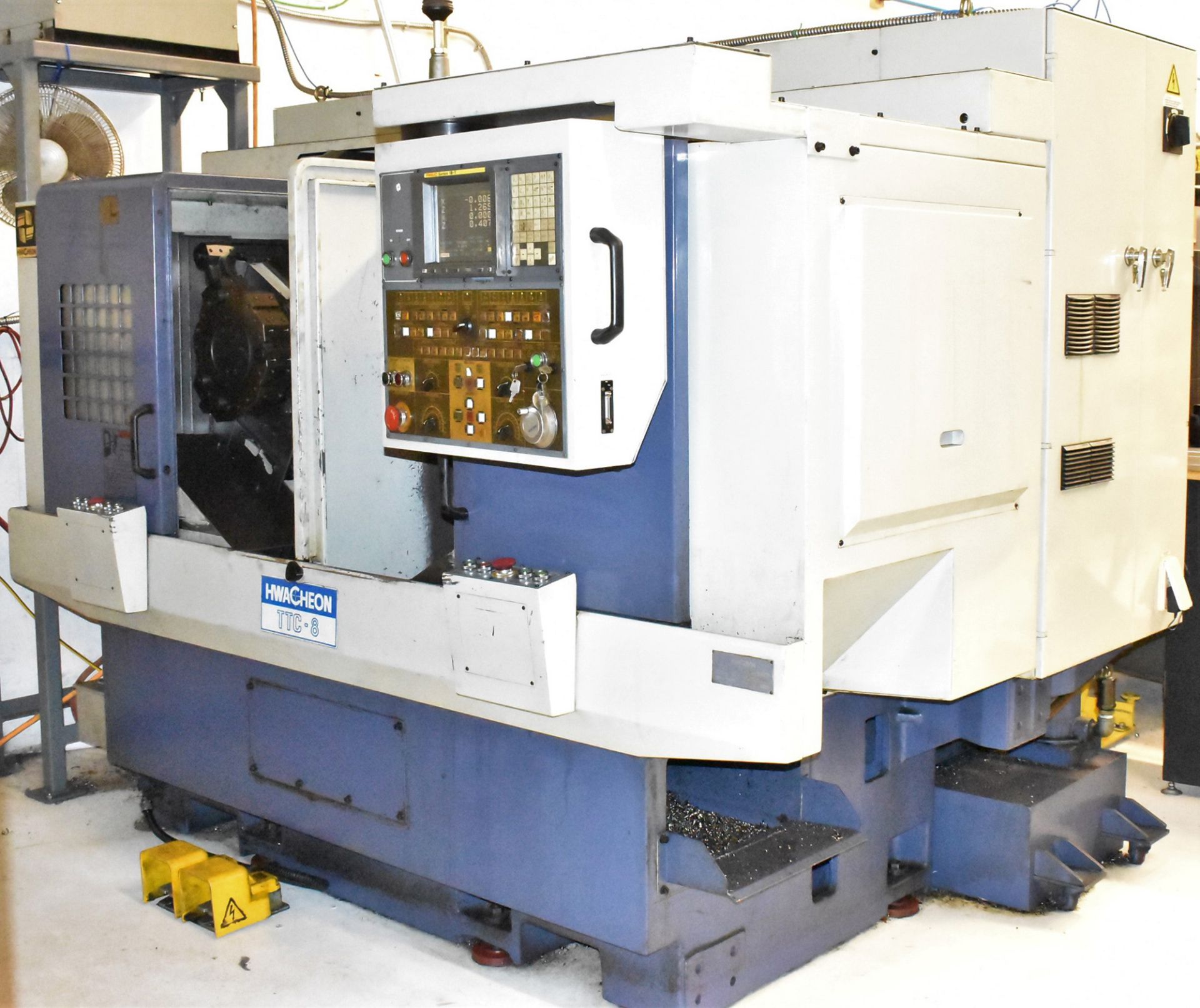 HWACHEON (2001) TTC-8 4 AXIS CNC TWIN SPINDLE TWIN TURRET TURNING CENTER WITH FANUC SERIES 18-T