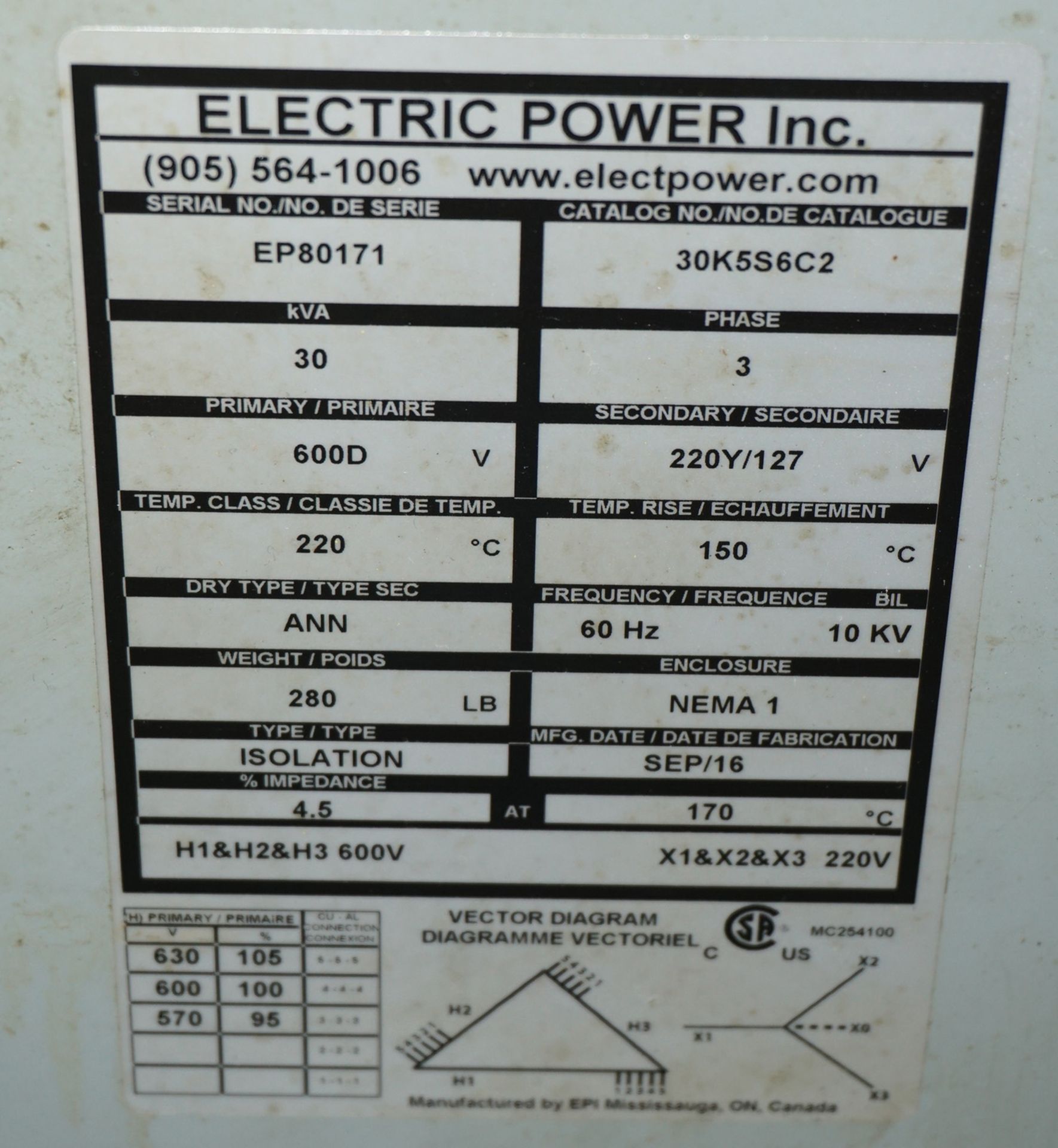 ELECTRIC POWER TRANSFORMER 30 KVA, 600HV-220Y/127LV, 3 PHASE (CI) - Image 2 of 2