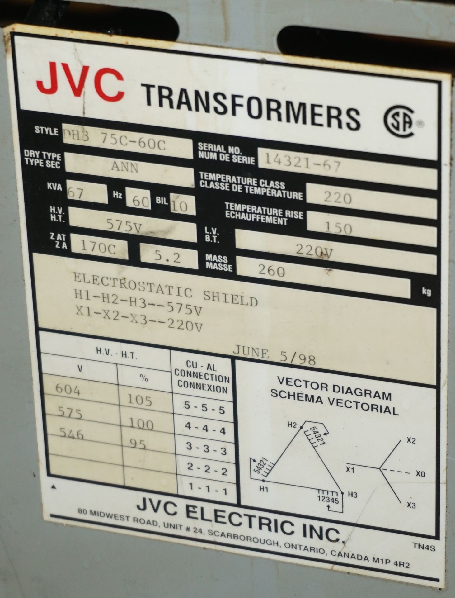 JVC TRANSFORMER 67 KVA, 575HV-220LV, 3 PHASE (CI) - Image 2 of 2