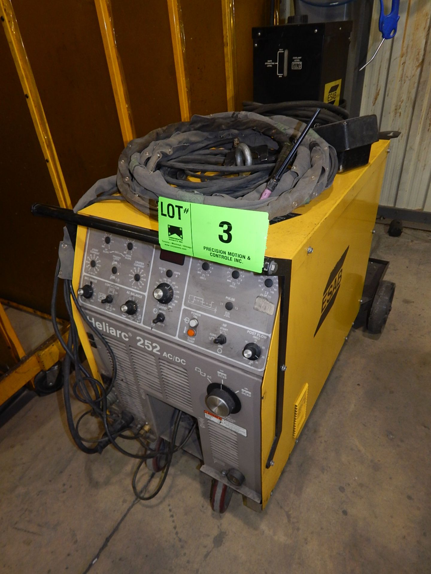 ESAB HELIARC 252 AC/DC ARC WELDER WITH COOLANT, CABLES AND GUN, S/N: TL-J209001