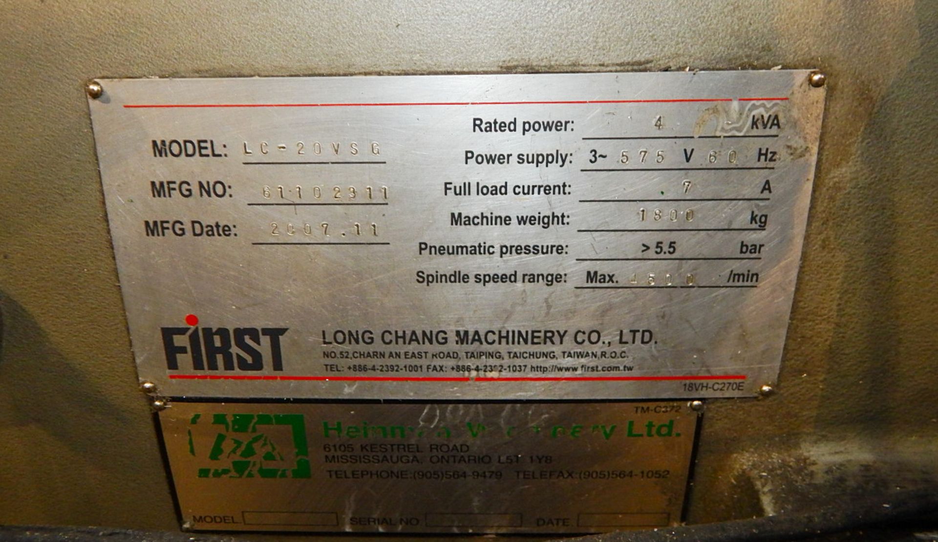 FIRST (2007) LC-20VSG VERTICAL TURRET MILLING MACHINE WITH 51"X10" TABLE, ISO 40 SPINDLE TAPER, - Image 10 of 12