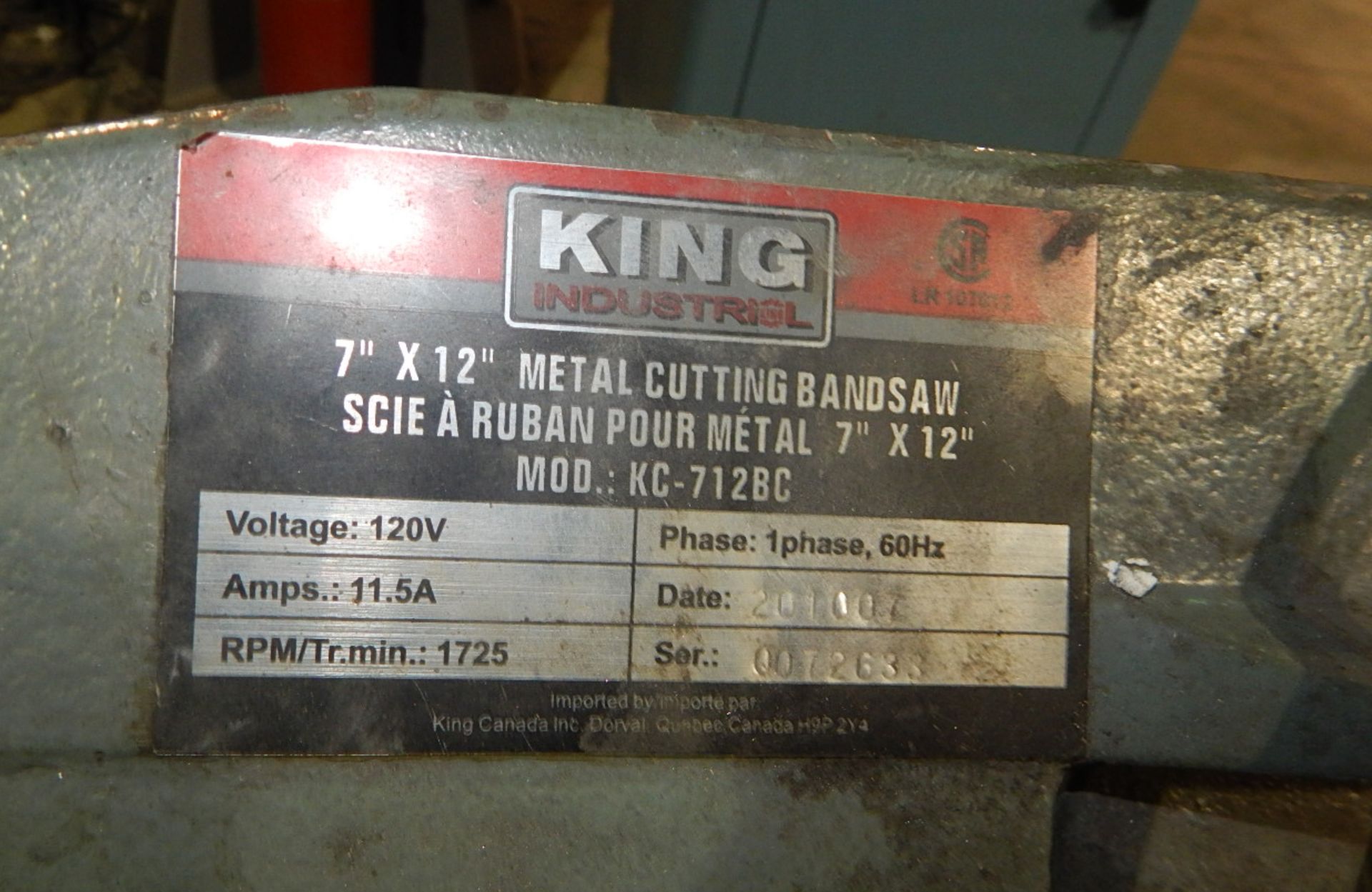 KING INDUSTRIAL KC-712BC 7" X 12" METAL CUTTING BANDSAW, S/N: 0072C33 [RIGGING FEES FOR LOT #55 - $0 - Image 2 of 2