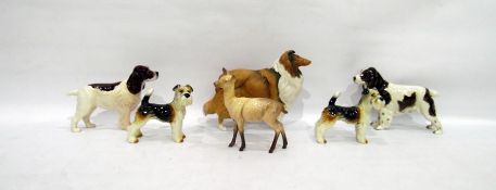 Beswick deer, two Goebel dog ornaments, a Beswick rough collie and two Goebel spaniel ornaments (6)