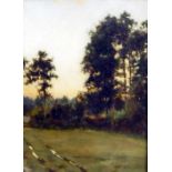 Unattributed Oil on board  Rural scene with field, fir trees and a gate far left, labelled verso '