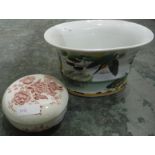 Crown Devon dressing table jar and a Orchid Stoneware hand-painted jardiniere featuring various