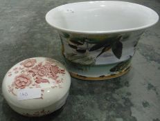 Crown Devon dressing table jar and a Orchid Stoneware hand-painted jardiniere featuring various